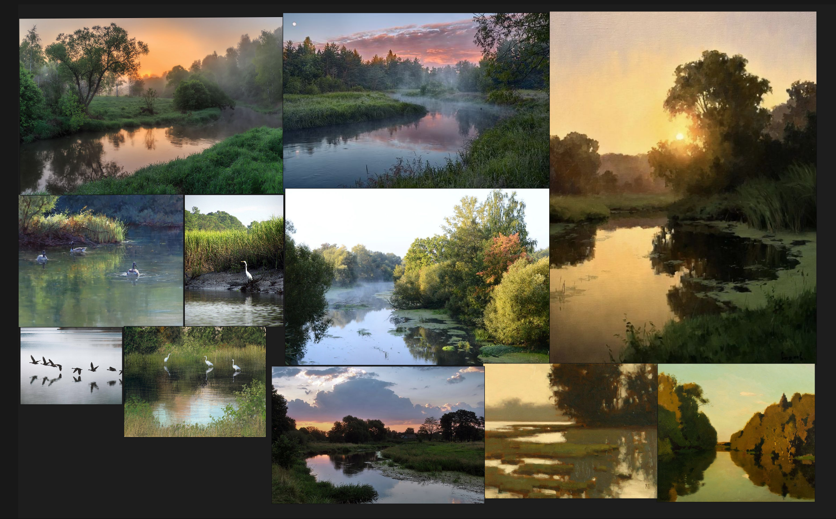 Brief: A beautiful river at either sunset or sunrise. The banks are lined with reeds, moss and wildflowers. kingfishers and herons hunt at the edges, and the waters are abundant with fish.