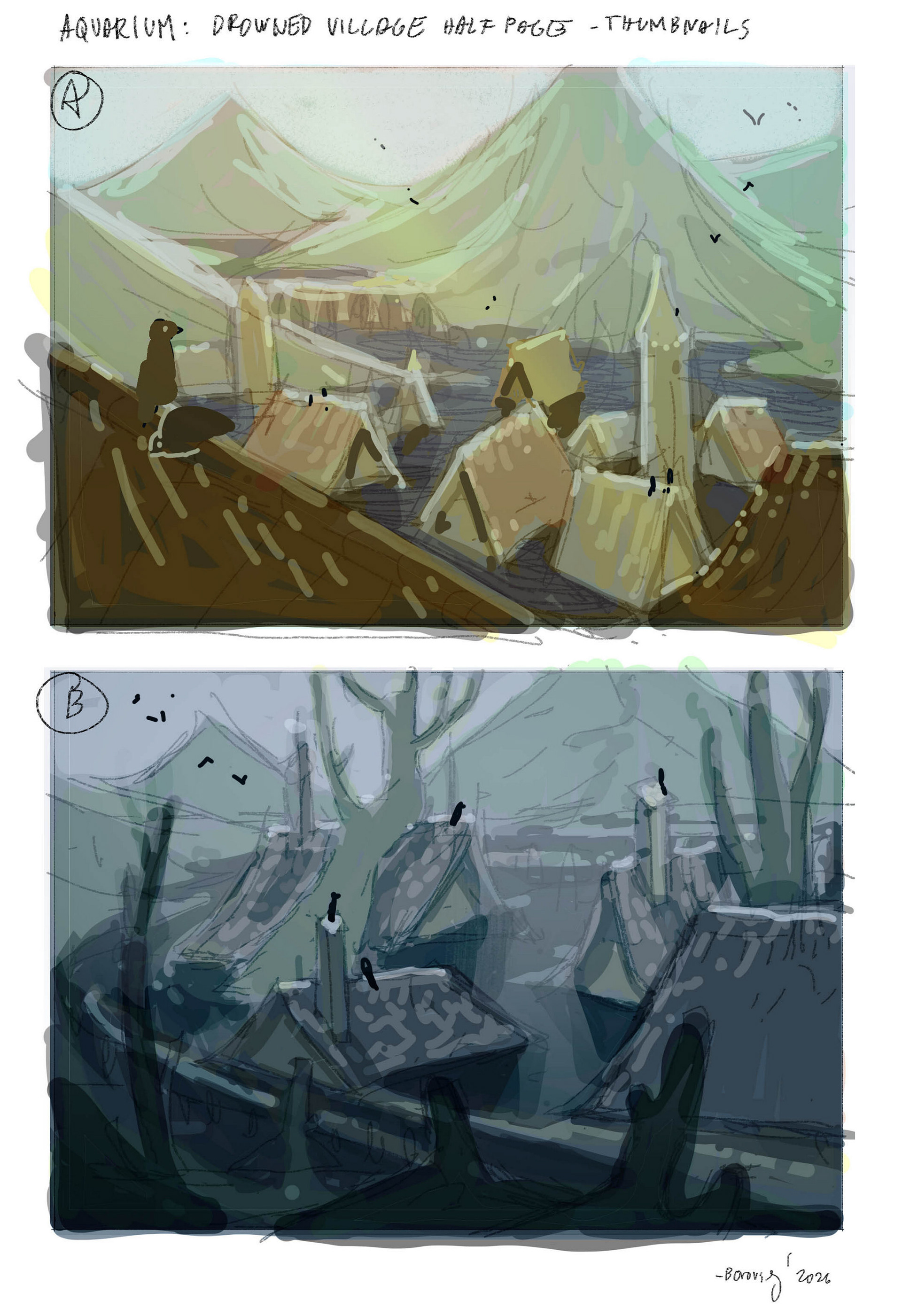 rough thumbnails for two different mood options