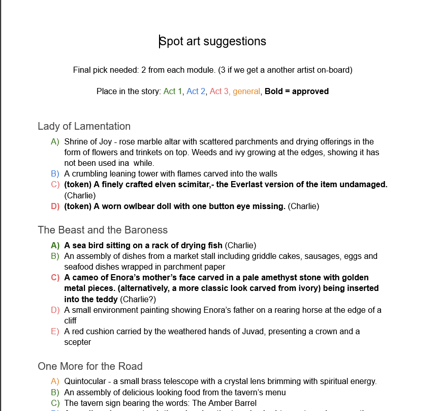 Since I AD-ed part of this project as well, step 1 was writing out the prompts based on adventure text