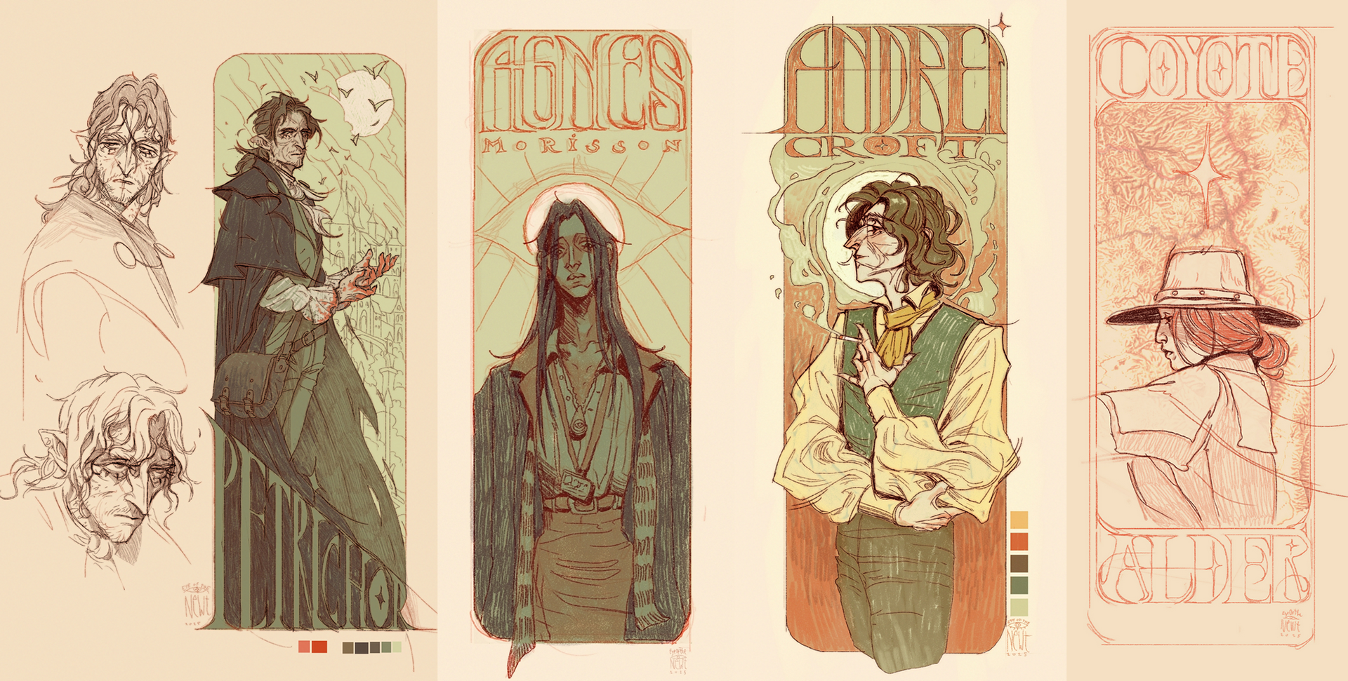 Personal Work 2025 (1: Dr. Petrichor Artz,  2: OC: Agnes Morrison, 3: Andrei Croft, 4: Friend's OC)