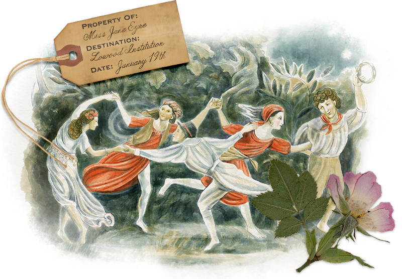 an illustration of The Days we went a Gypsying, Jane Etres luggage label and a pressed flower