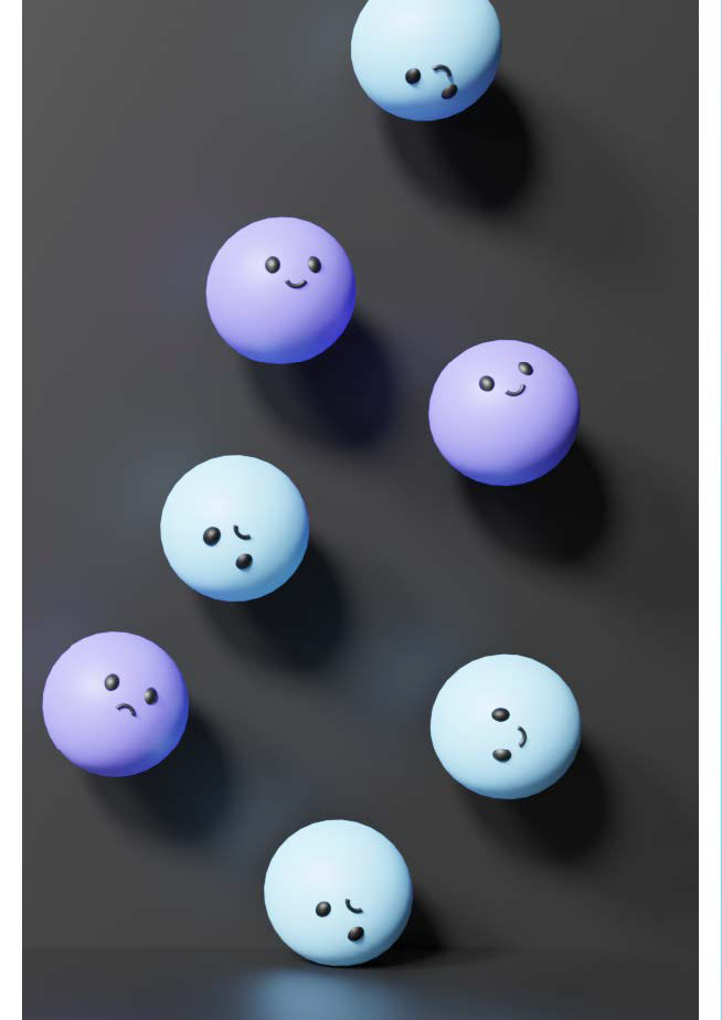 A page of scattered purple and blue spheres with smiling or sad faces..