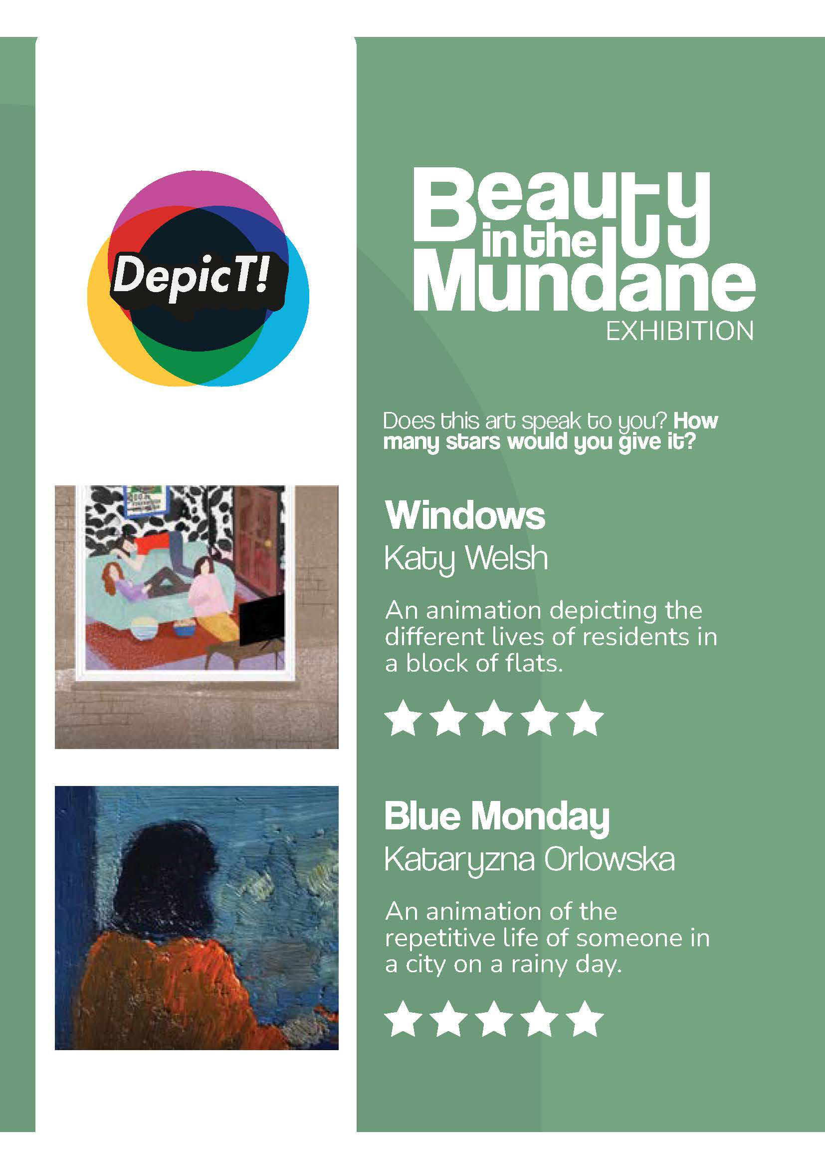 A page from an exhibition guide that includes a "Beauty in the Mundane" logo and a list of films with star ratings on a pale green background.