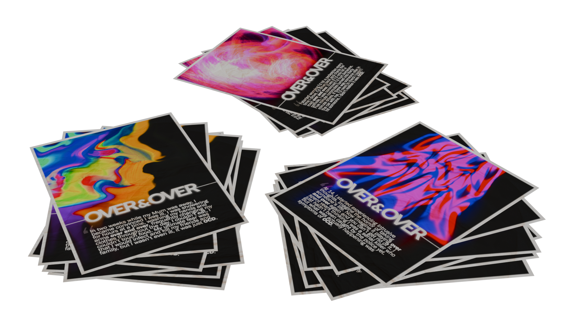 Three untidy stacks of different poster designs, the posters feature vibrant colours, indistinct shapes, the title "Over and Over"  and a paragraph of text upon a black background.