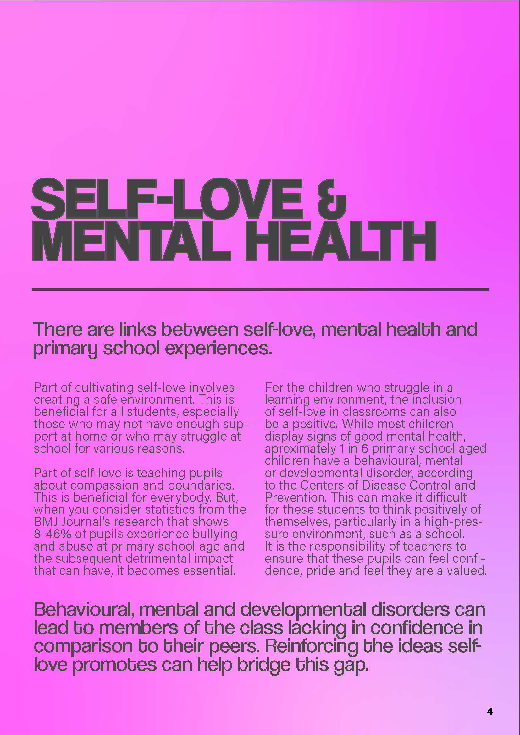 A page on self-love and mental health with an pink and purple gradient background.