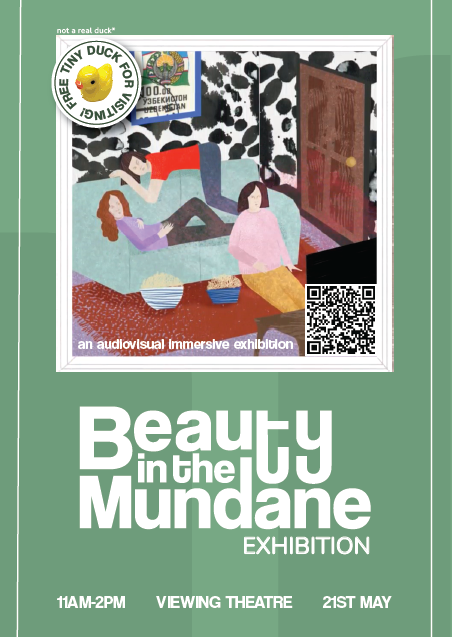 A pale green poster that uses a "beauty in the mundane" logo and an illustration of three women sat on and around a sofa watching TV.