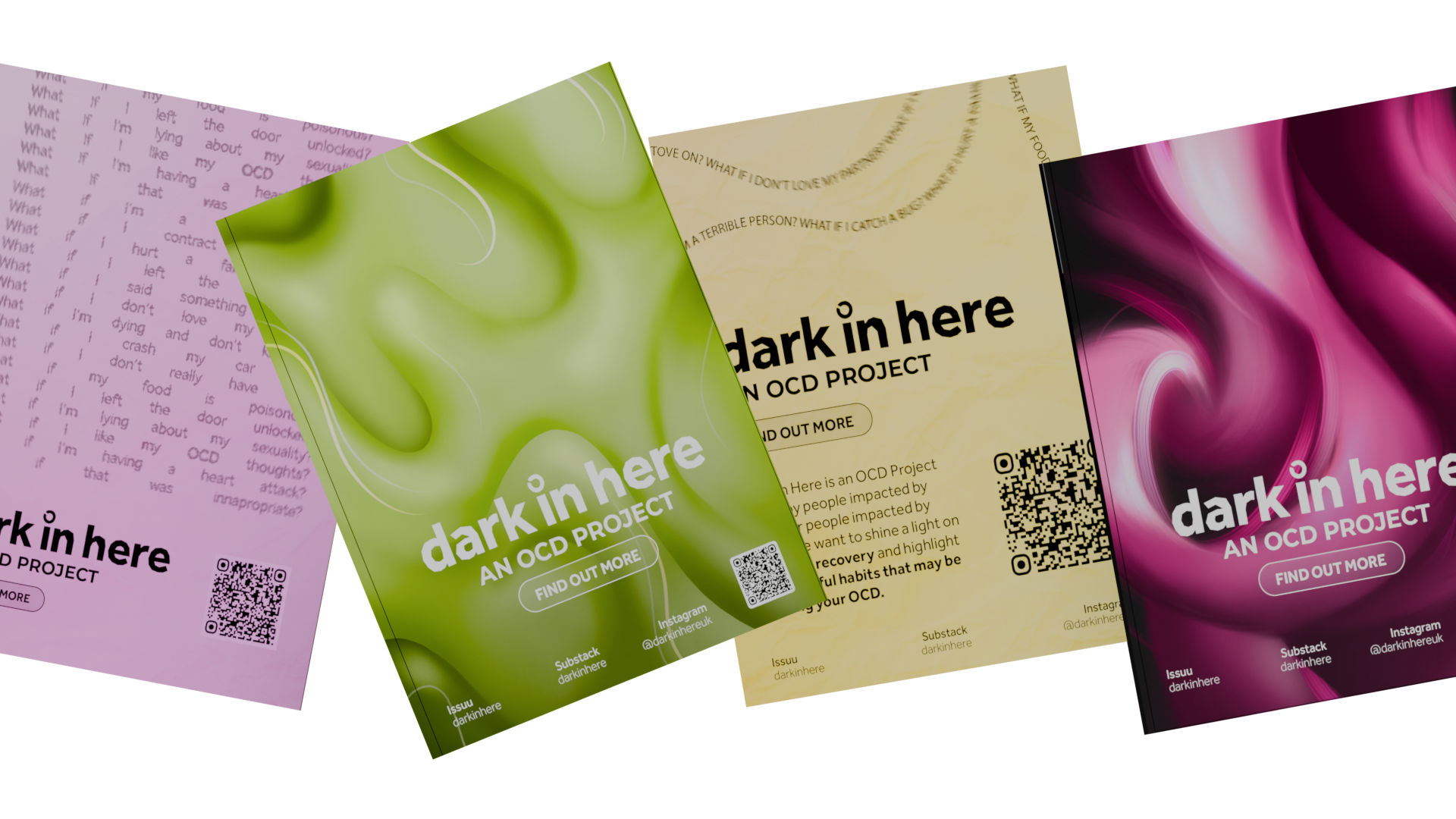 Four different posters with decorative artwork and text relating to OCD on them, accompanied by a logo, QR code and links.