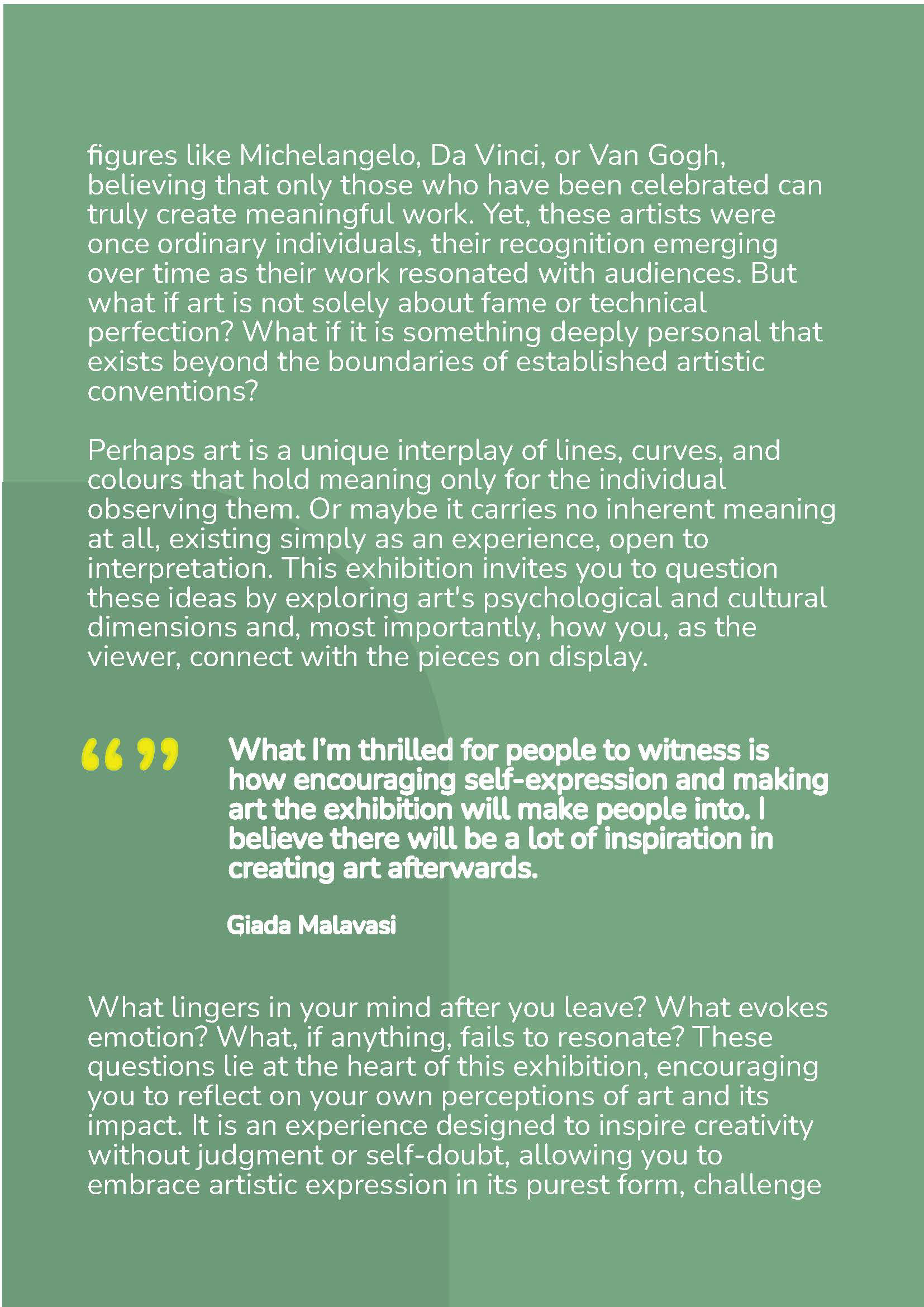 A page from an exhibition guide that includes paragraphs of text on a pale green background. There is a pull-quote included.