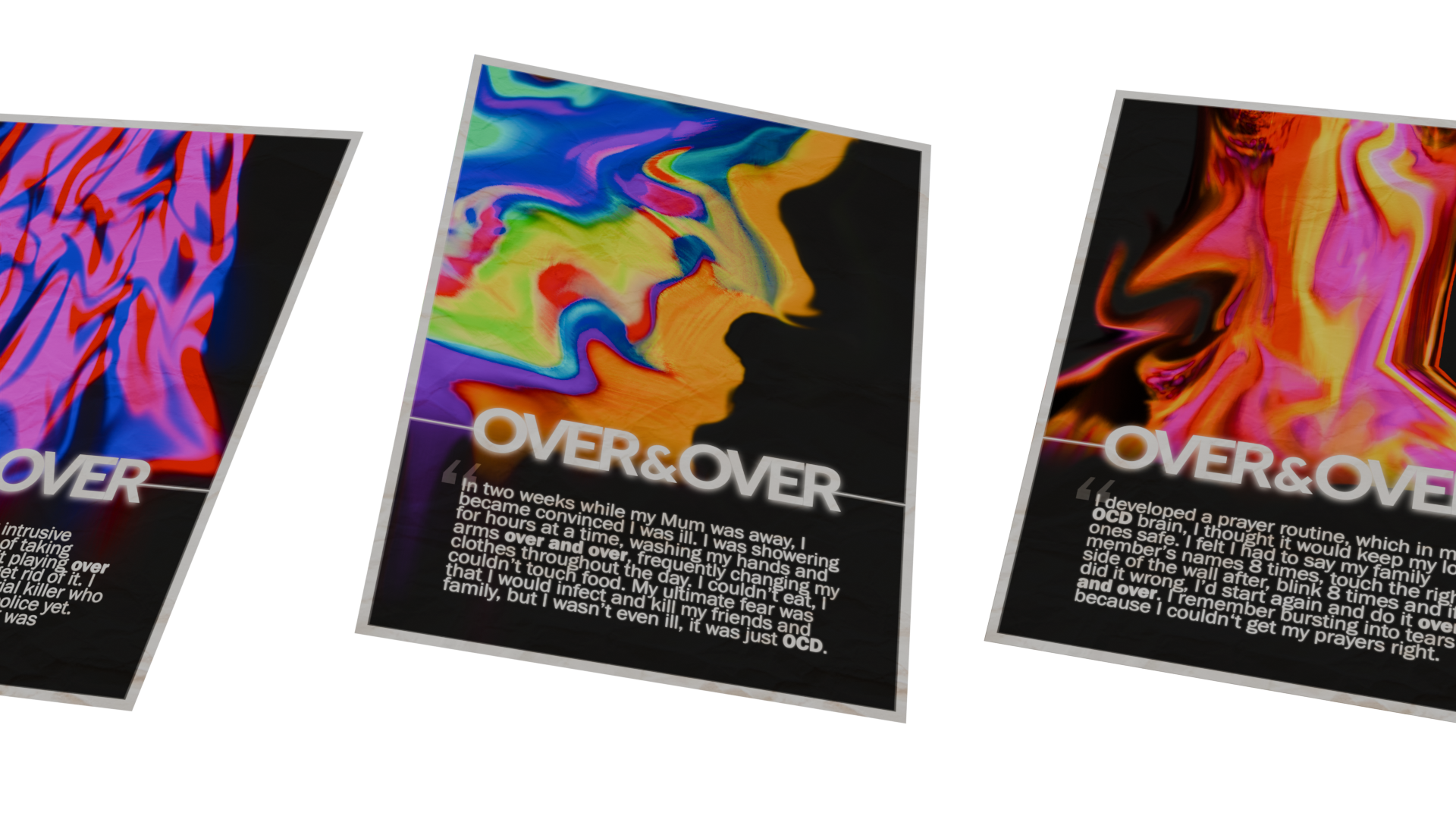 Three vibrant, multi-coloured posters floating over a white background, each poster is positioned at a slightly different angle.