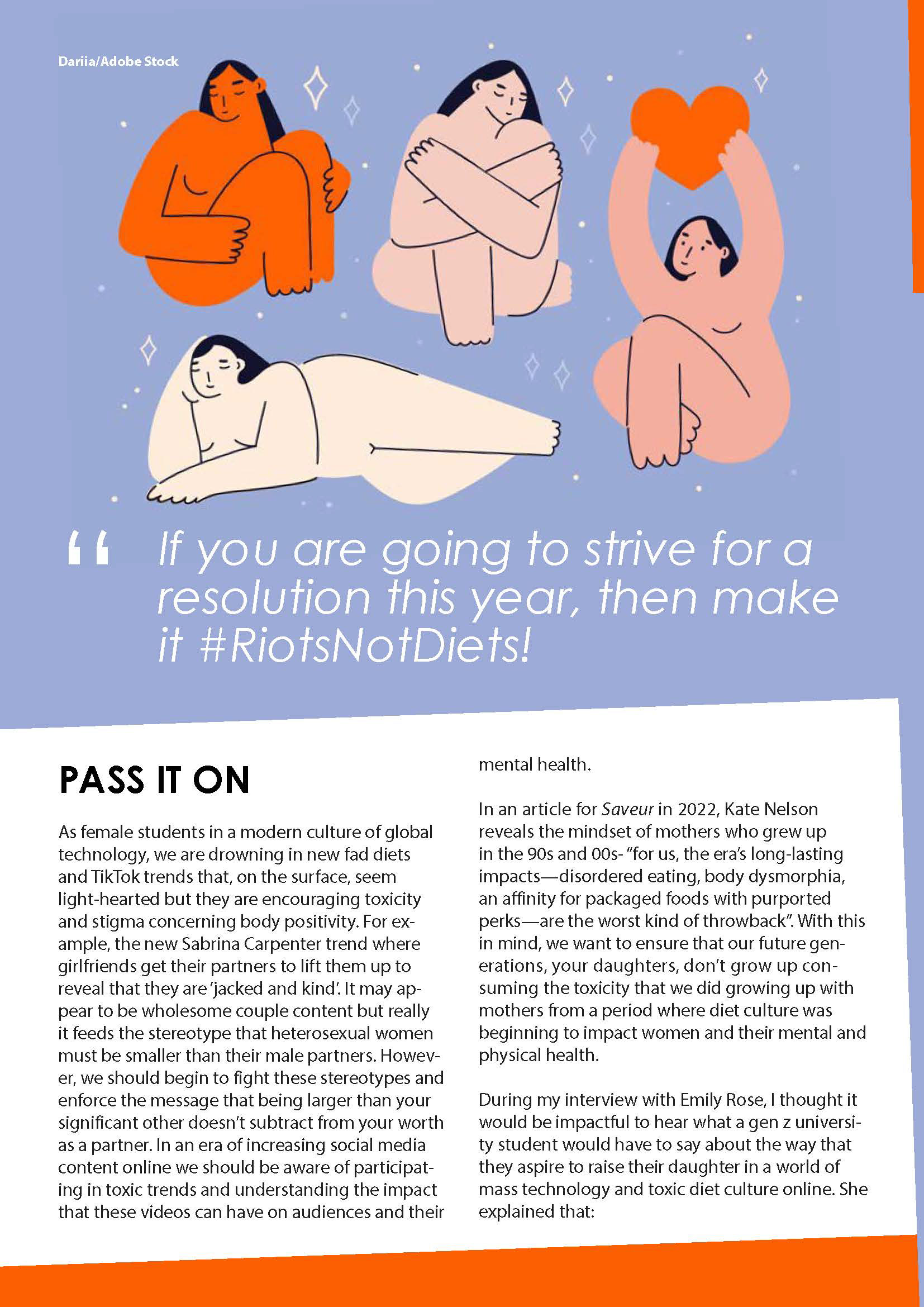 A magazine page with a blue and orange theme. The text discusses the dangers of Diet Culture.