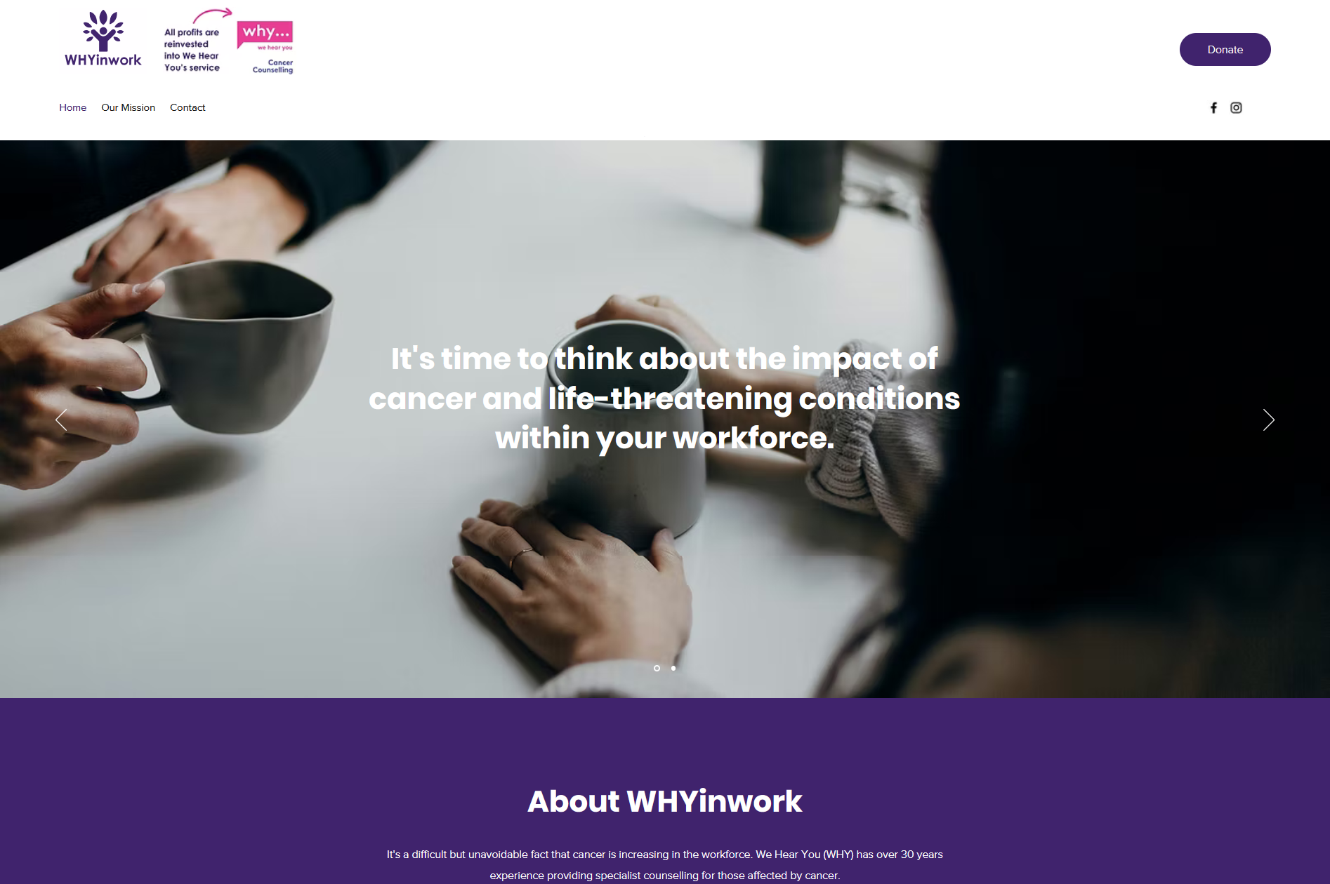 A screenshot of a webpage that has a background image of two people holding white mugs. On top of that image is descriptive text.