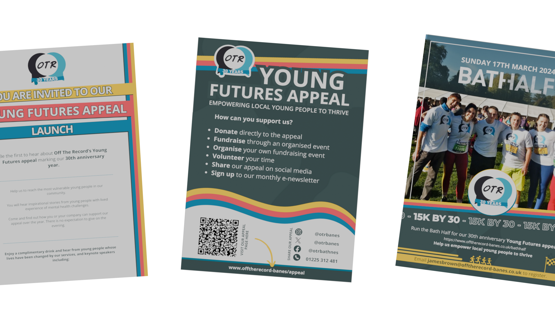 Three posters displayed at different angles, all use the Off The Record logo and a yellow, blue and red theme.