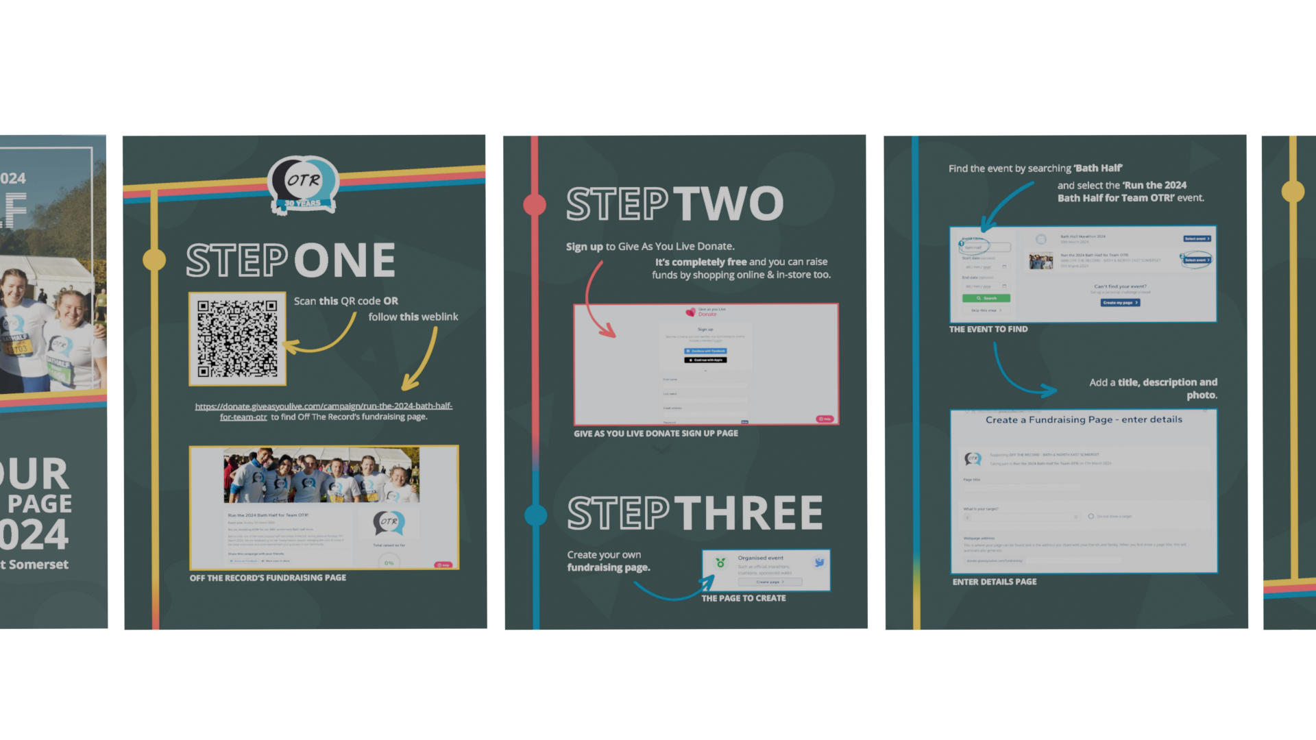 A series of posters displaying instructions. The background is dark grey and the text is white with a red, yellow and blue theme.