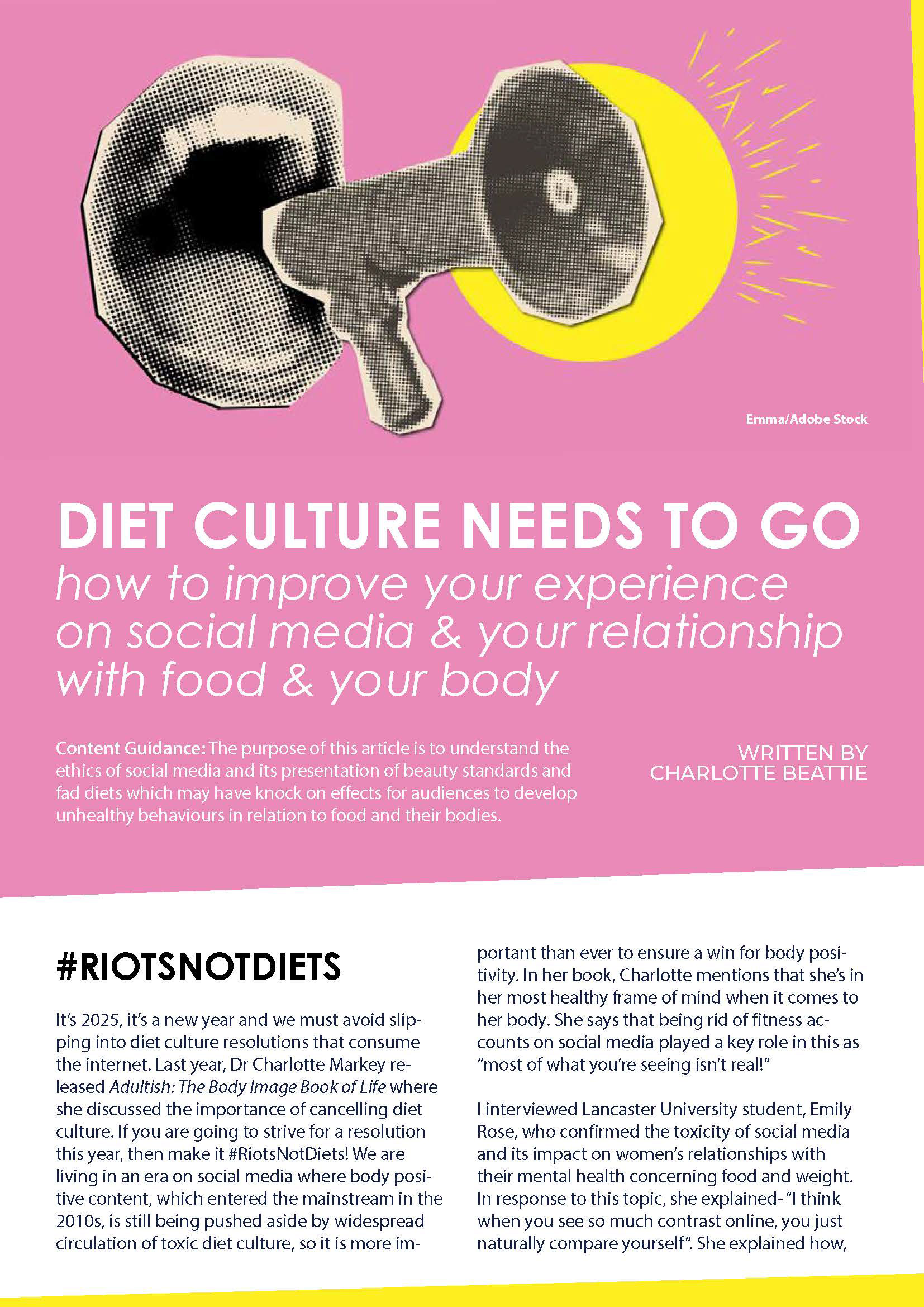 A magazine page with a white, pink and yellow theme. The text discusses the dangers of Diet Culture.