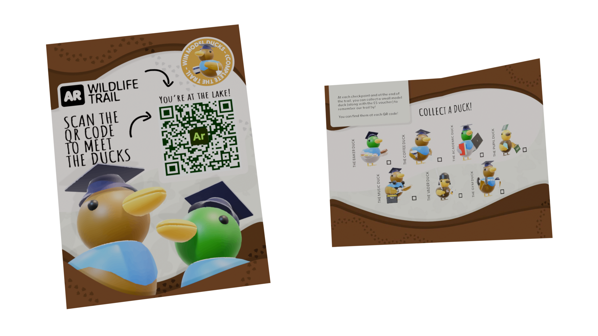 A poster and leaflet with a white background. Both items have a brown and white theme and feature multiple 3D-modelled ducks dressed as uni graduates.