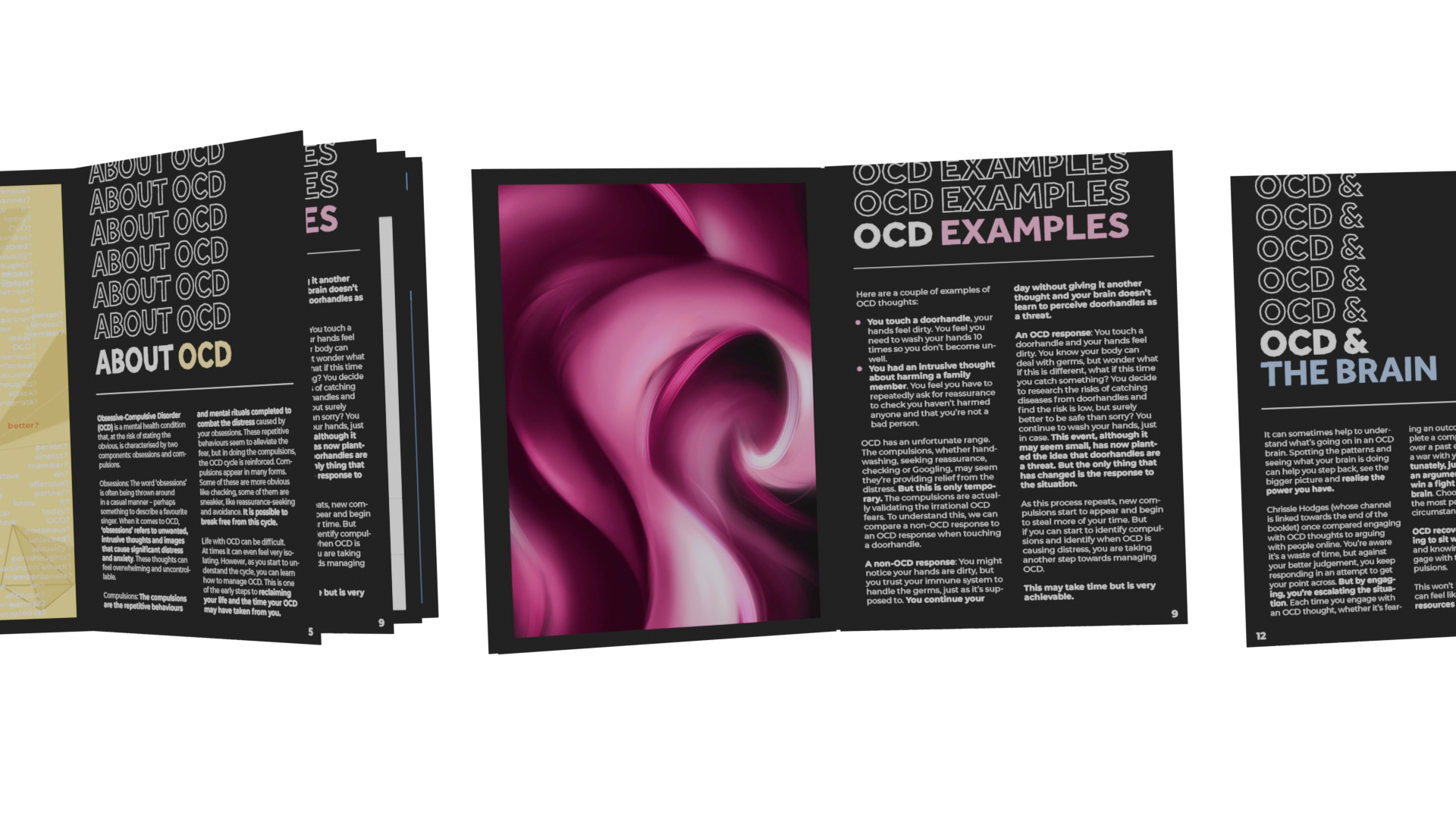Three open booklets, all of which feature a white text on a dark background theme. The booklets feature information of OCD and abstract artworks.