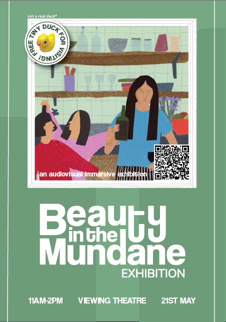A pale green poster that uses a "beauty in the mundane" logo and an illustration of three women in a kitchen.