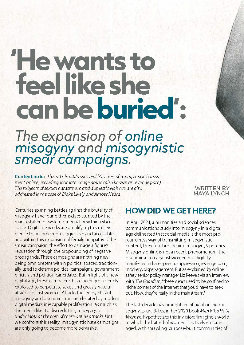 A magazine page with a white and brown textured background and grey and dark blue text on top. 