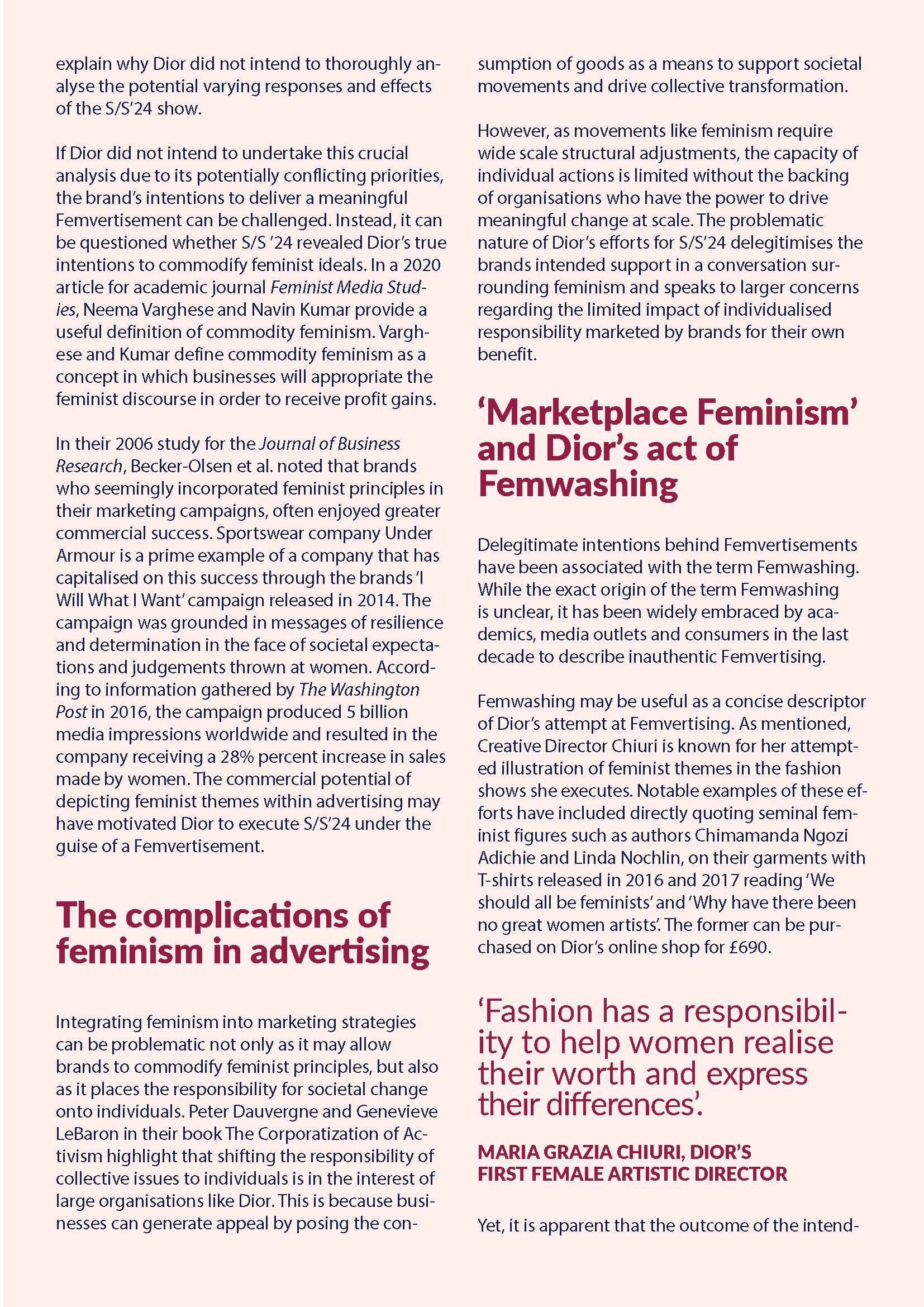 A magazine page with a pale pink background and dark red and black text. The text discusses Dior's Femvertising.