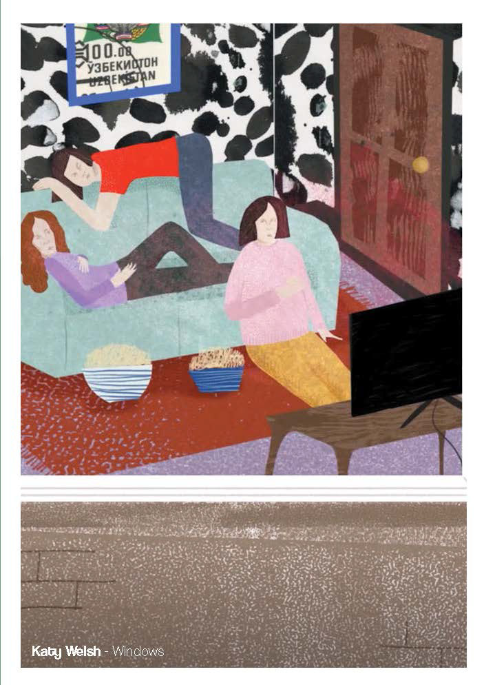 A page from an exhibition guide that uses an illustration of women sat around and in front of a sofa watching TV.