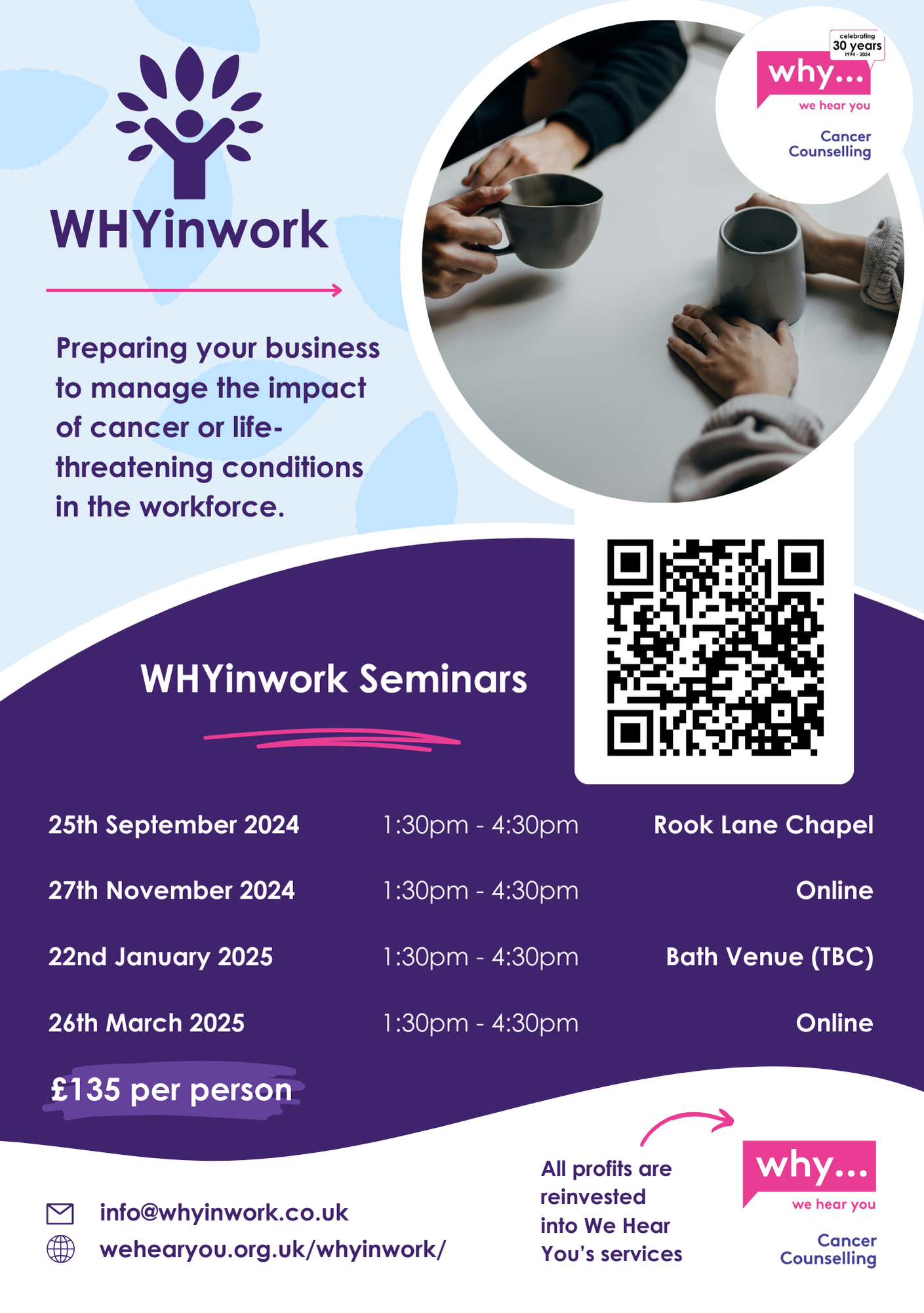 A poster displaying different events, locations and dates. It uses white text on a purple background and an image of two people holding mugs at a table.