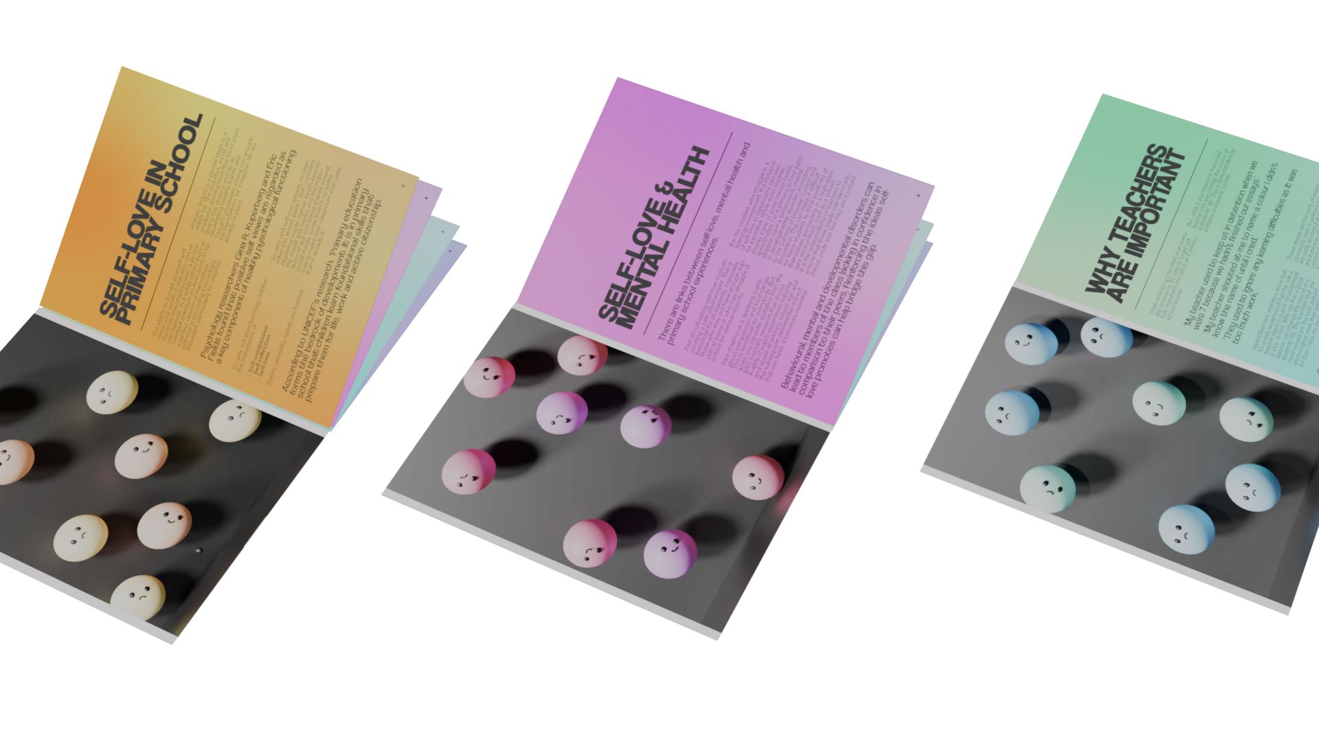 Three open booklets, each on different pages spreads. One spread is orange-themed, one is pink-themed, one is green-themed.