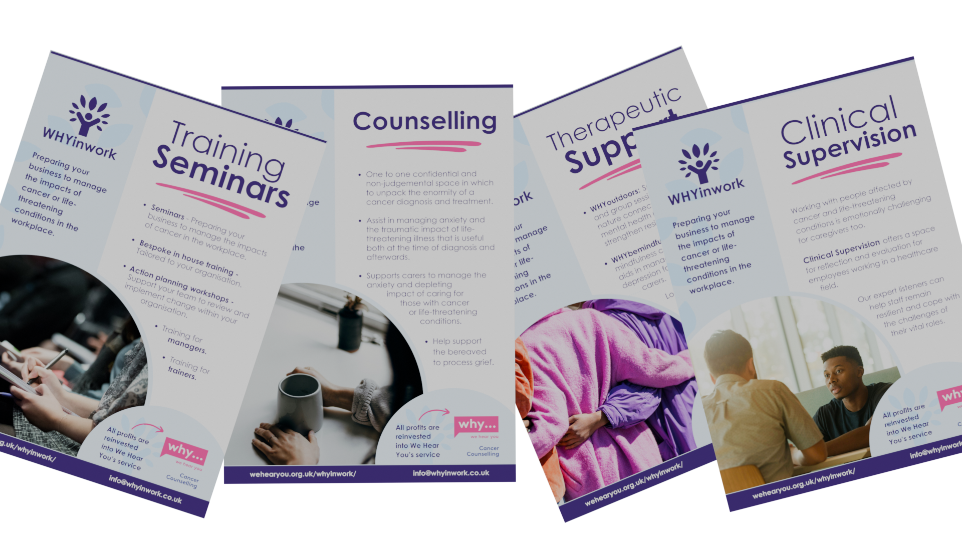 Scattered posters promoting different services. The backgrounds are white, with elements of purple, blue and pink and purple text.