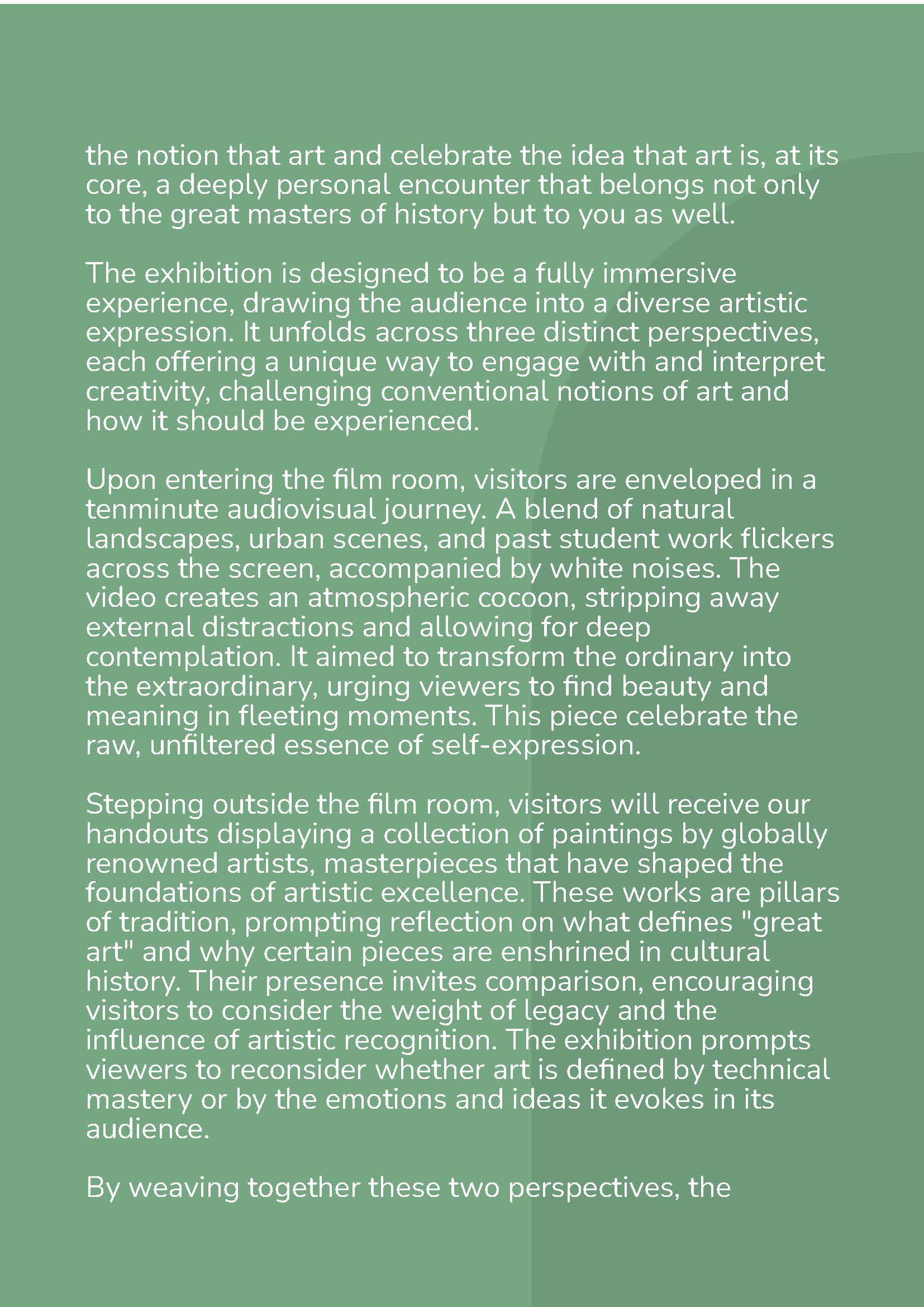 A page from an exhibition guide that includes paragraphs of text on a pale green background.