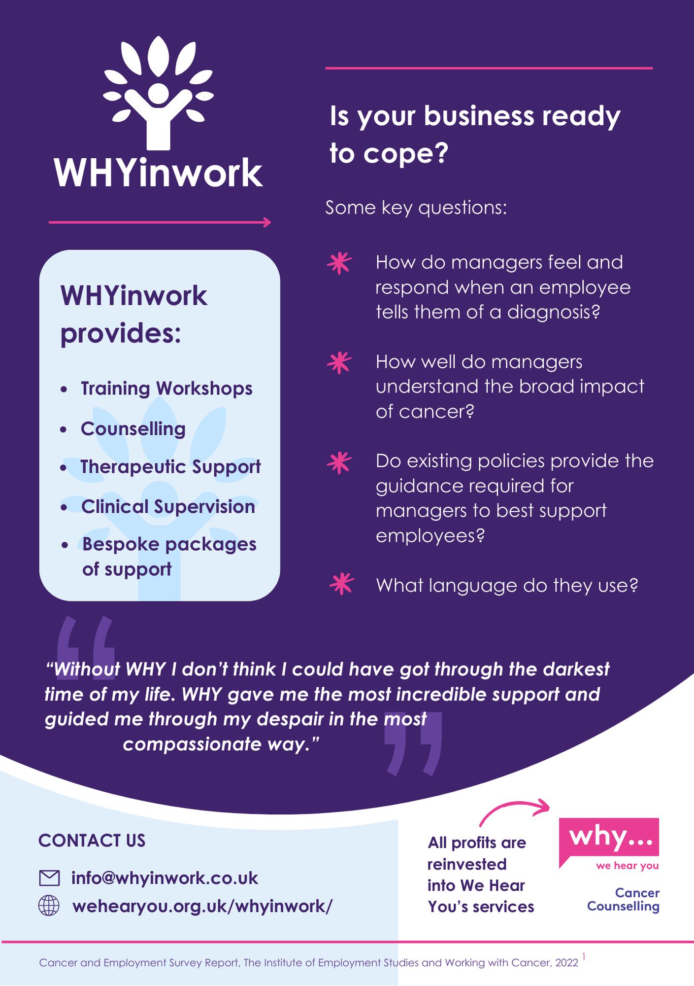 The back of a flyer that uses white text on a purple background. It has a pale blue box with a white WHYinwork logo.