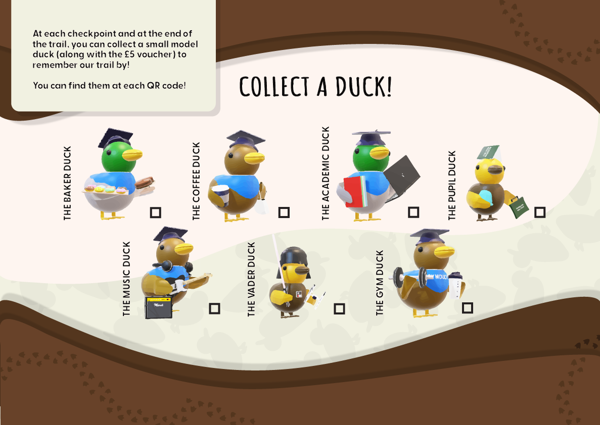 A leaflet with a checklist of graduate-themed ducks to find. The ducks represent different hobbies.