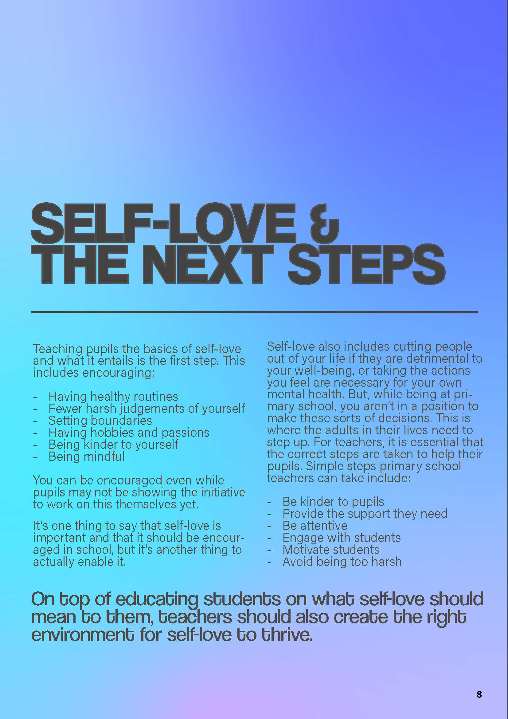A page on self-love and next steps with an blue and purple gradient background.