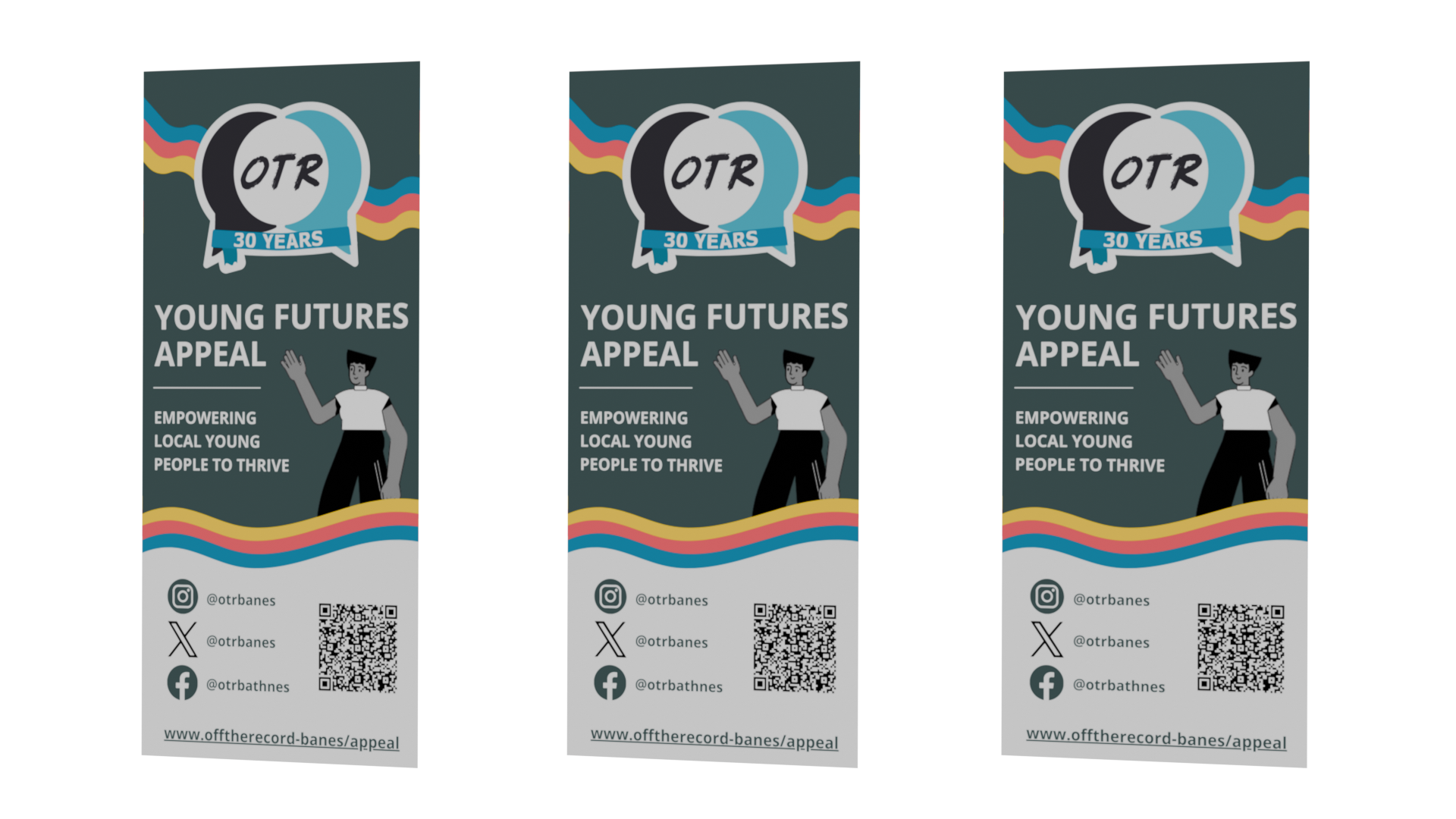 Three portrait banners with an Off The Record logo, a black and white illustration of a woman waving, a QR code and links. They have yellow, blue and red stripes on a grey background.