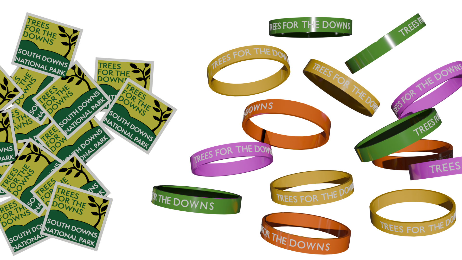 On the left is a pile of stickers, the stickers are the green "Trees For The Downs" logo. On the right are pink, yellow, orange and green wristbands with the capitalised text "Trees For The Downs" on them.