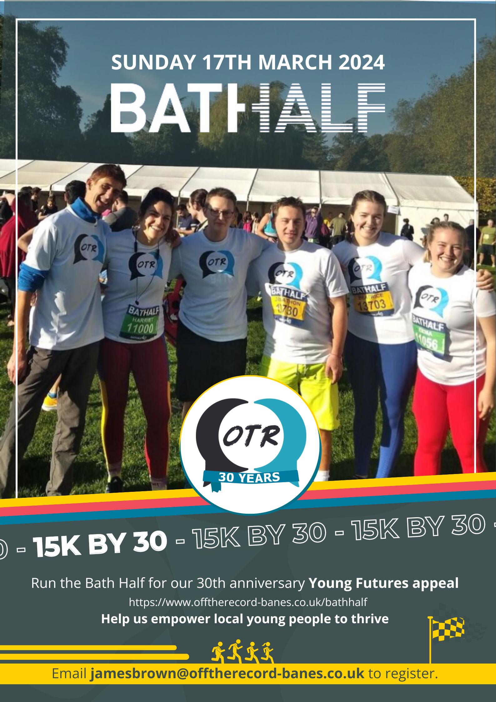 A poster with a photo of a group of people wearing t-shirts with a logo on and red, yellow and blue stripes.