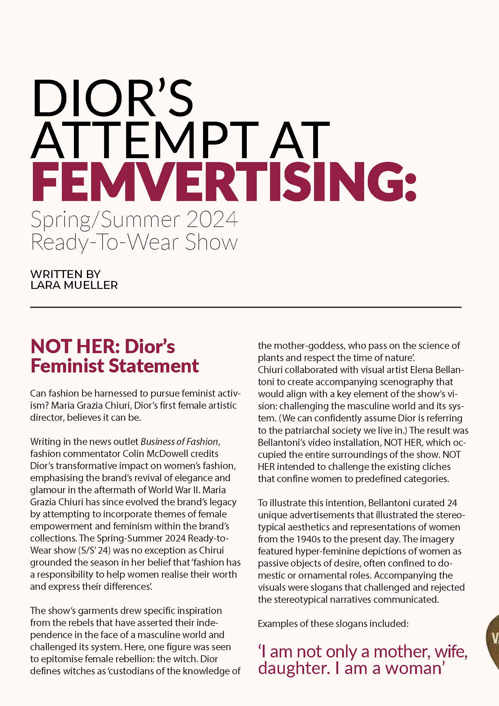 A magazine page with a pale cream background and dark red and black text. The text discusses Dior's Femvertising.