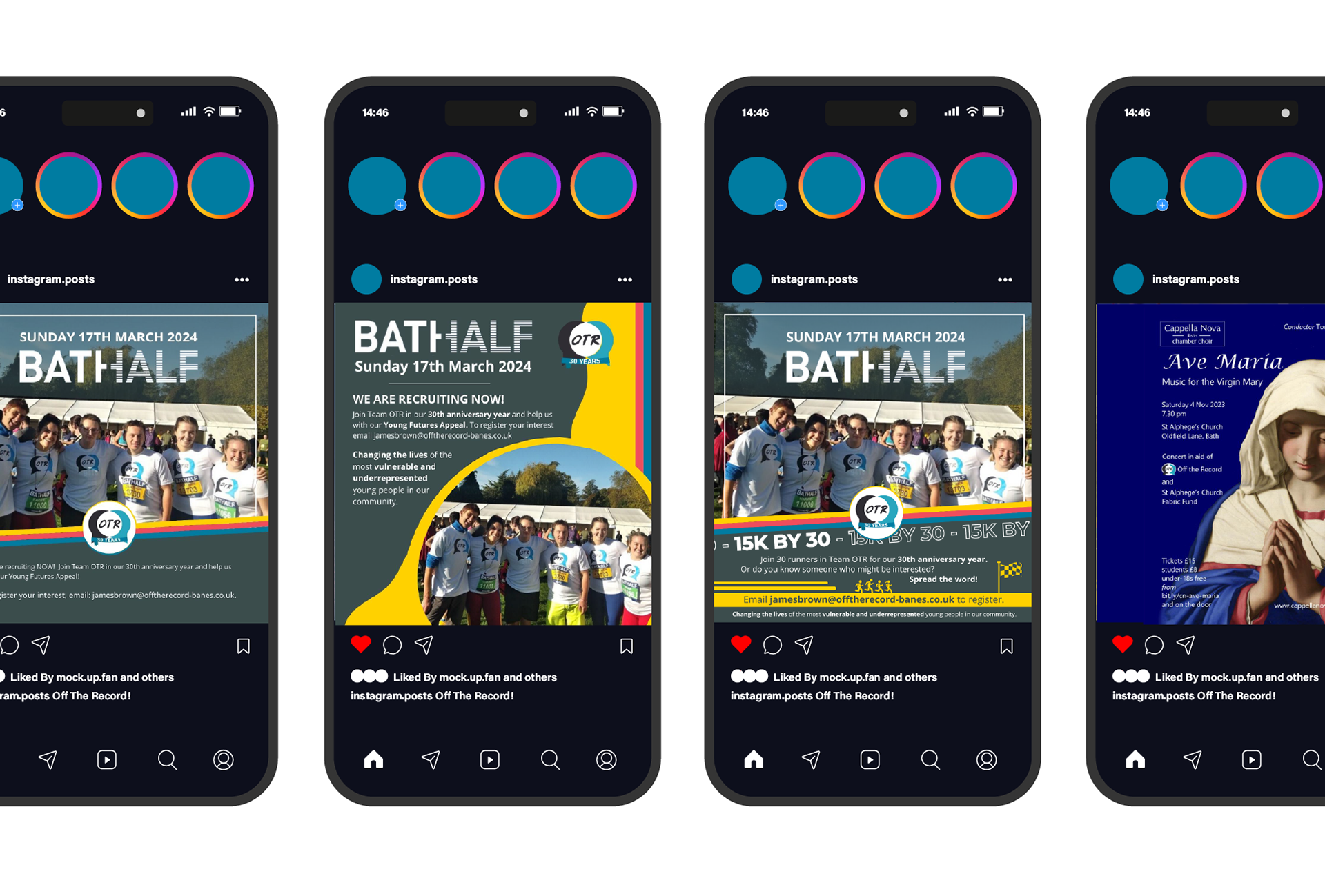 Five phones displaying different instagram posts promoting the Balf Half marathon and Off The Record.