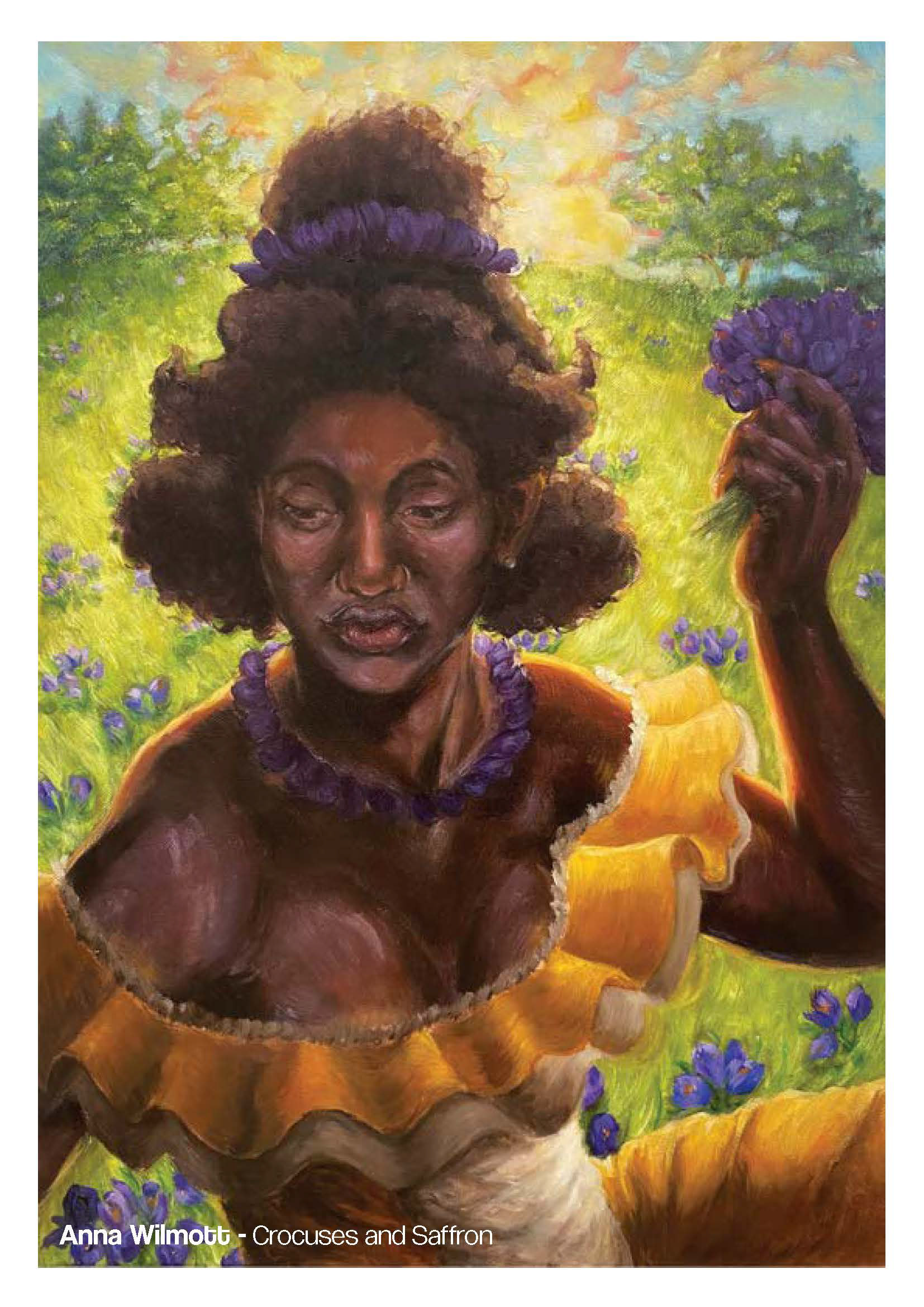 A page from an exhibition guide that uses artwork of a woman wearing a yellow dress, holding purple flowers.