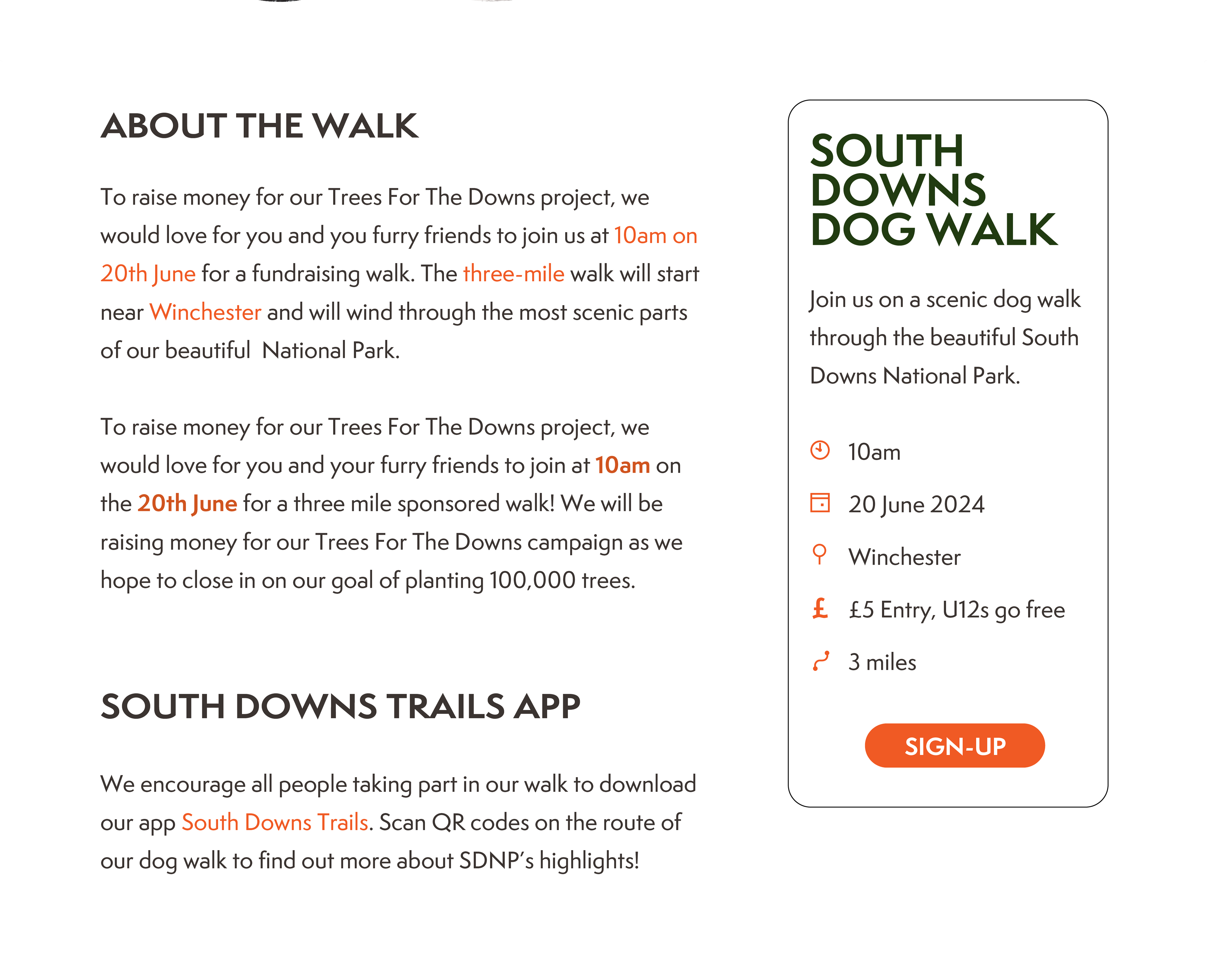 Screenshot of a website that features a large paragraph of text with orange highlighted words. On the right of the page is an information box.