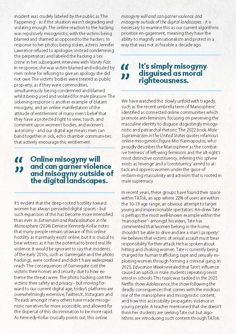 A magazine page with a white textured background and grey and dark blue text on top. 
