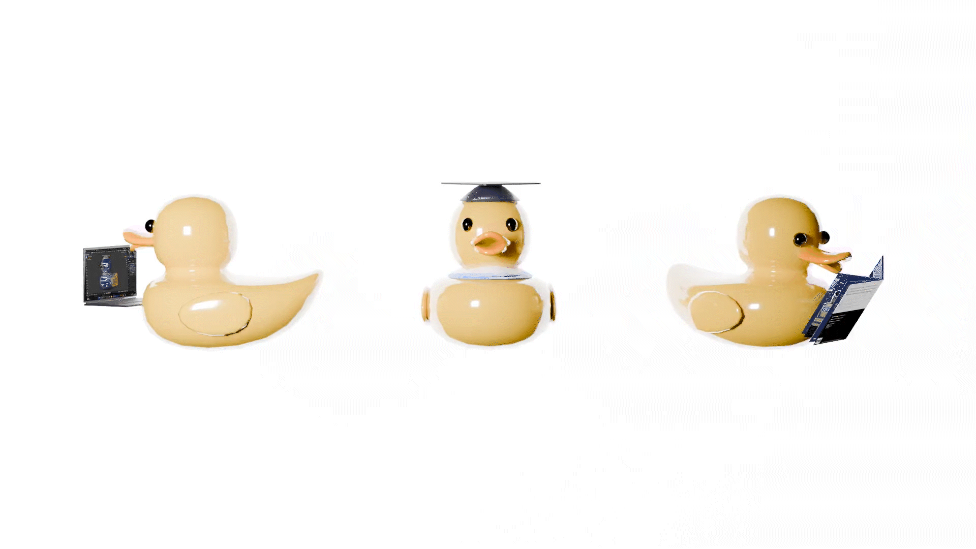 Three rotating yellow rubber ducks, one is holding a laptop, one is wearing graduate robes and one is reading a amagazine.
