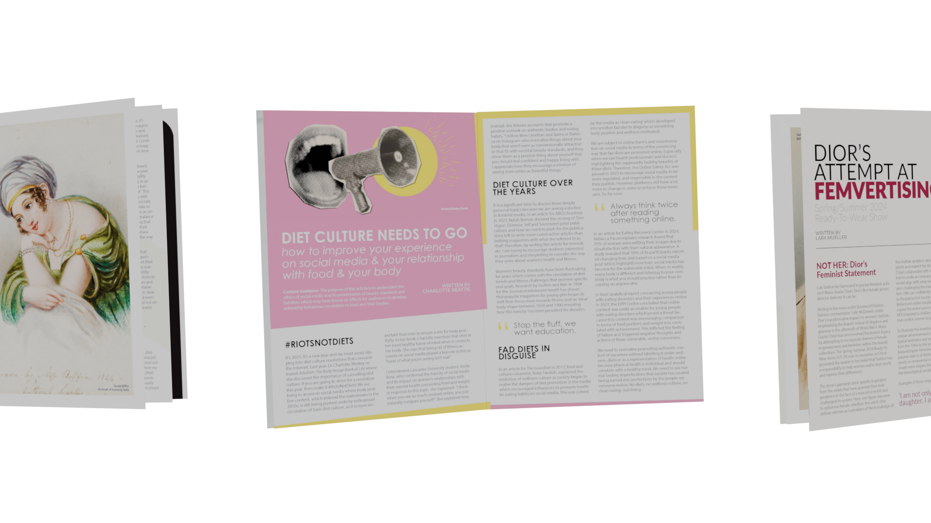 Three open magazines that all have black text on a white background, the central spread has an image of a mouth shouting into a megaphone.