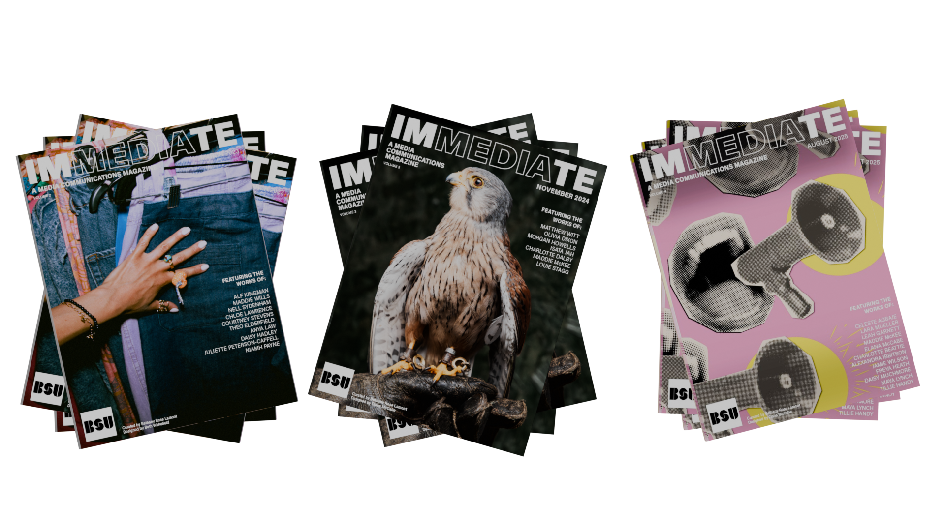 Three stacks of magazines, the left stack has a hand on hanging clothes, the centre spread has a bird sat upon a gloved hand, the right spread has a mouth shouting into a megaphone on a pink background.