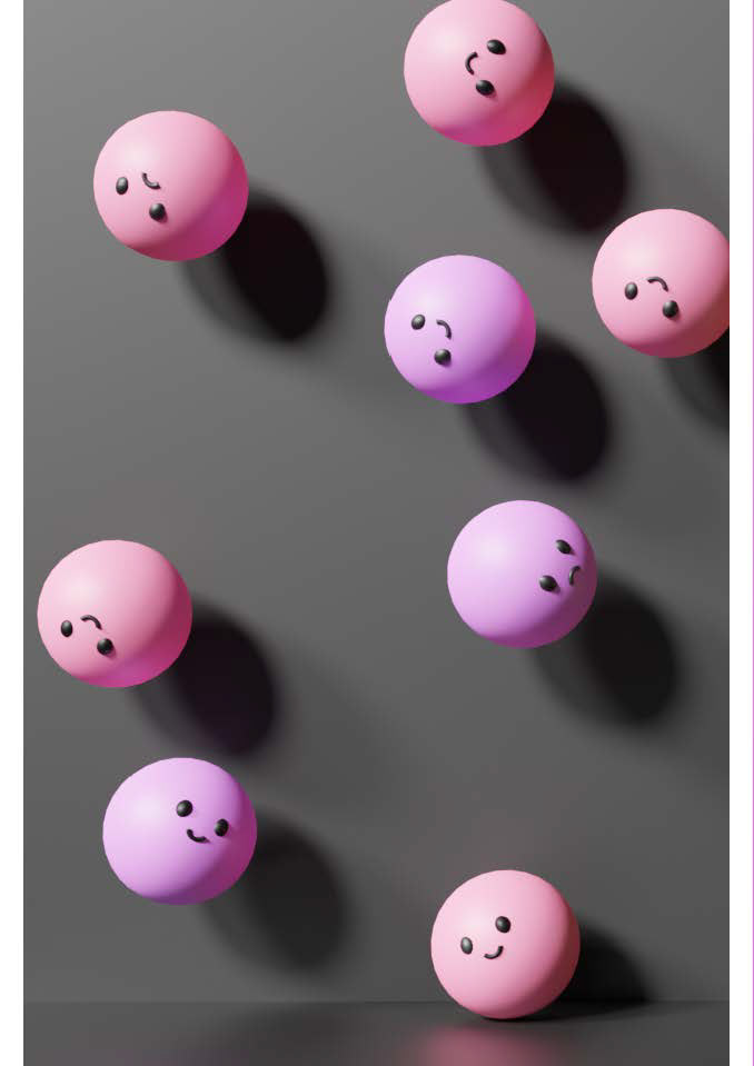 A page of scattered pink and purple spheres with smiling or sad faces..