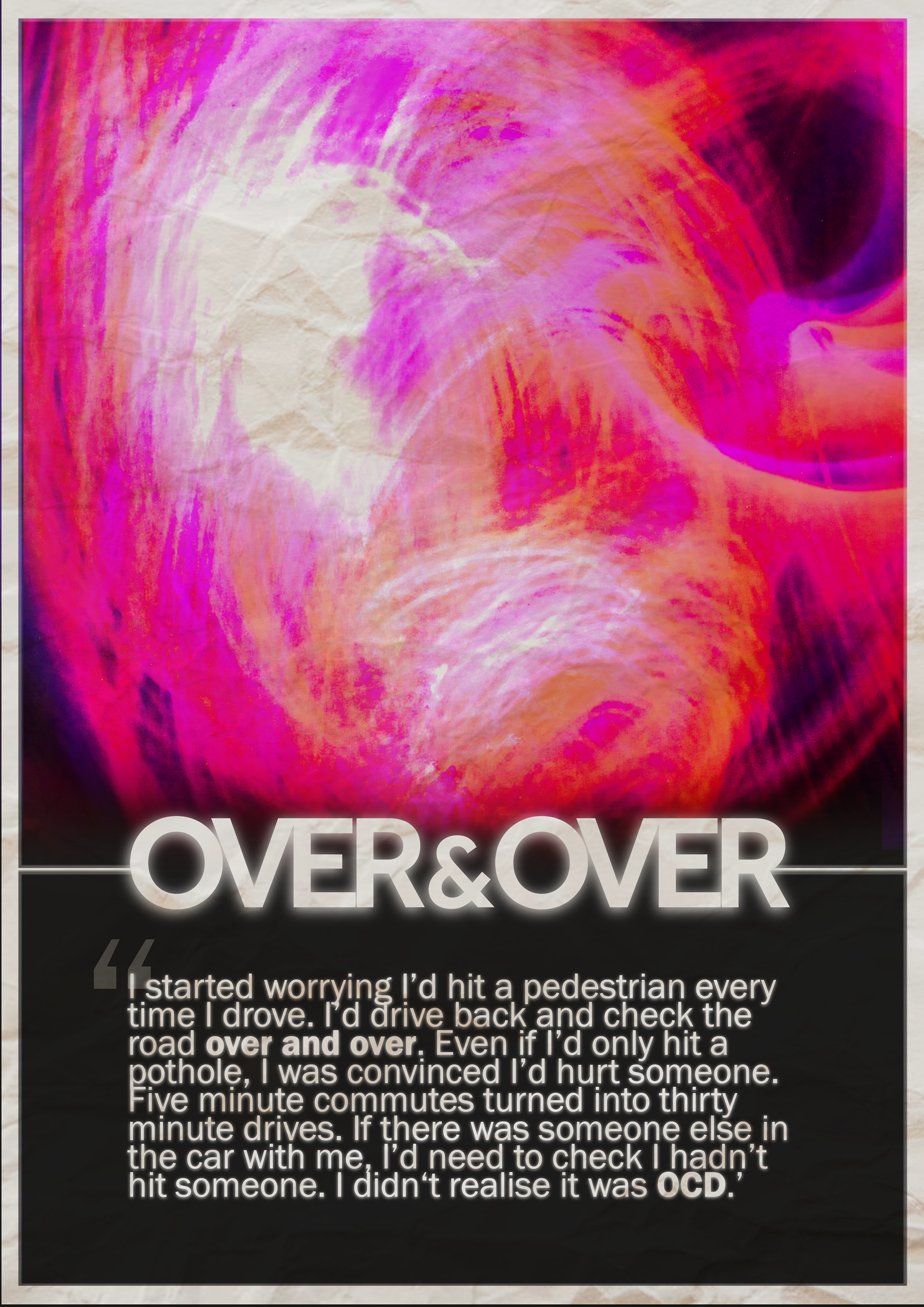 Blurred, indistinct pink, white and red lines that form a round shape.