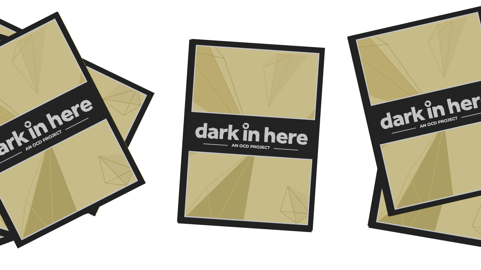 Three stacks of booklets scattered untidily. Each booklet has a yellow triangle pattern, with the text "dark in here" across it.