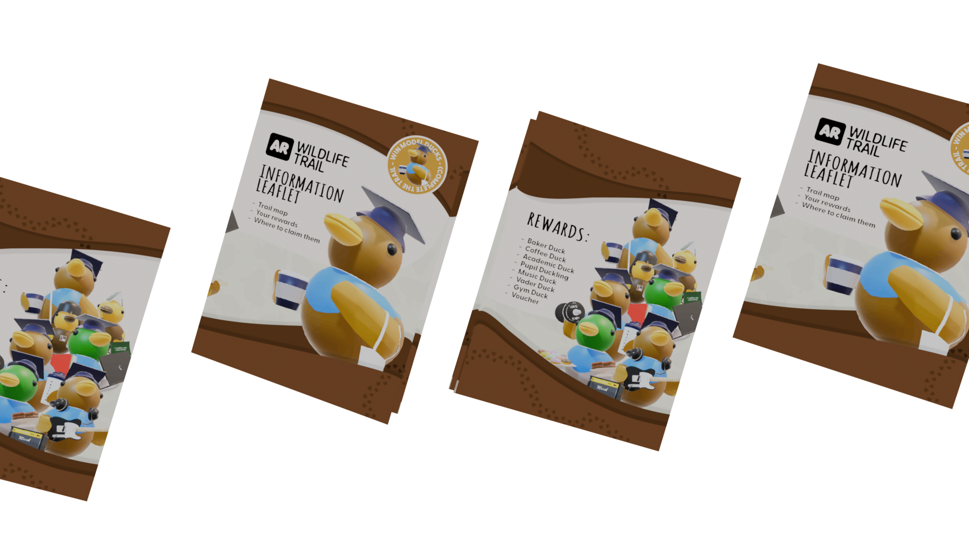 Four leaflets, two are front facing, two are back. The focus of the content are the 3D modelled ducks.