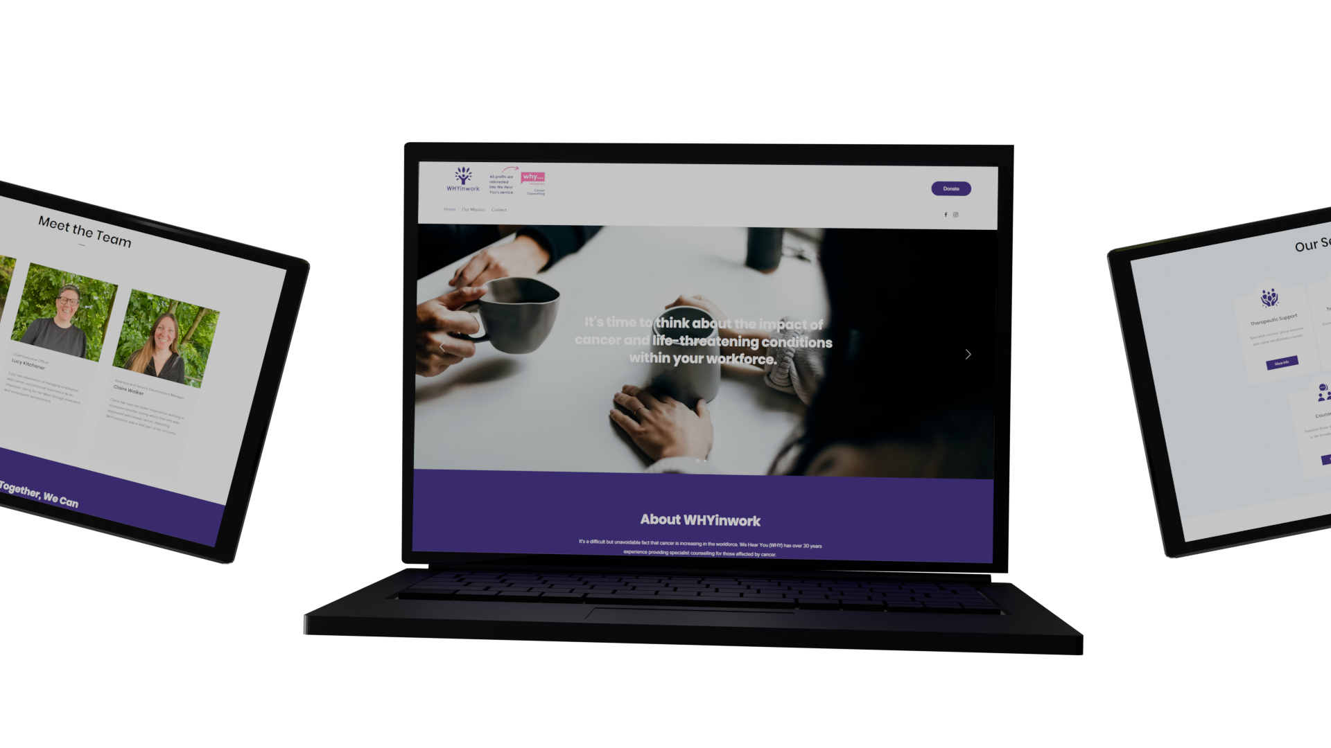 A laptop and two tablets displaying different sections of a webpage. The laptop shows a home page, while the tablets show information about employees and services.