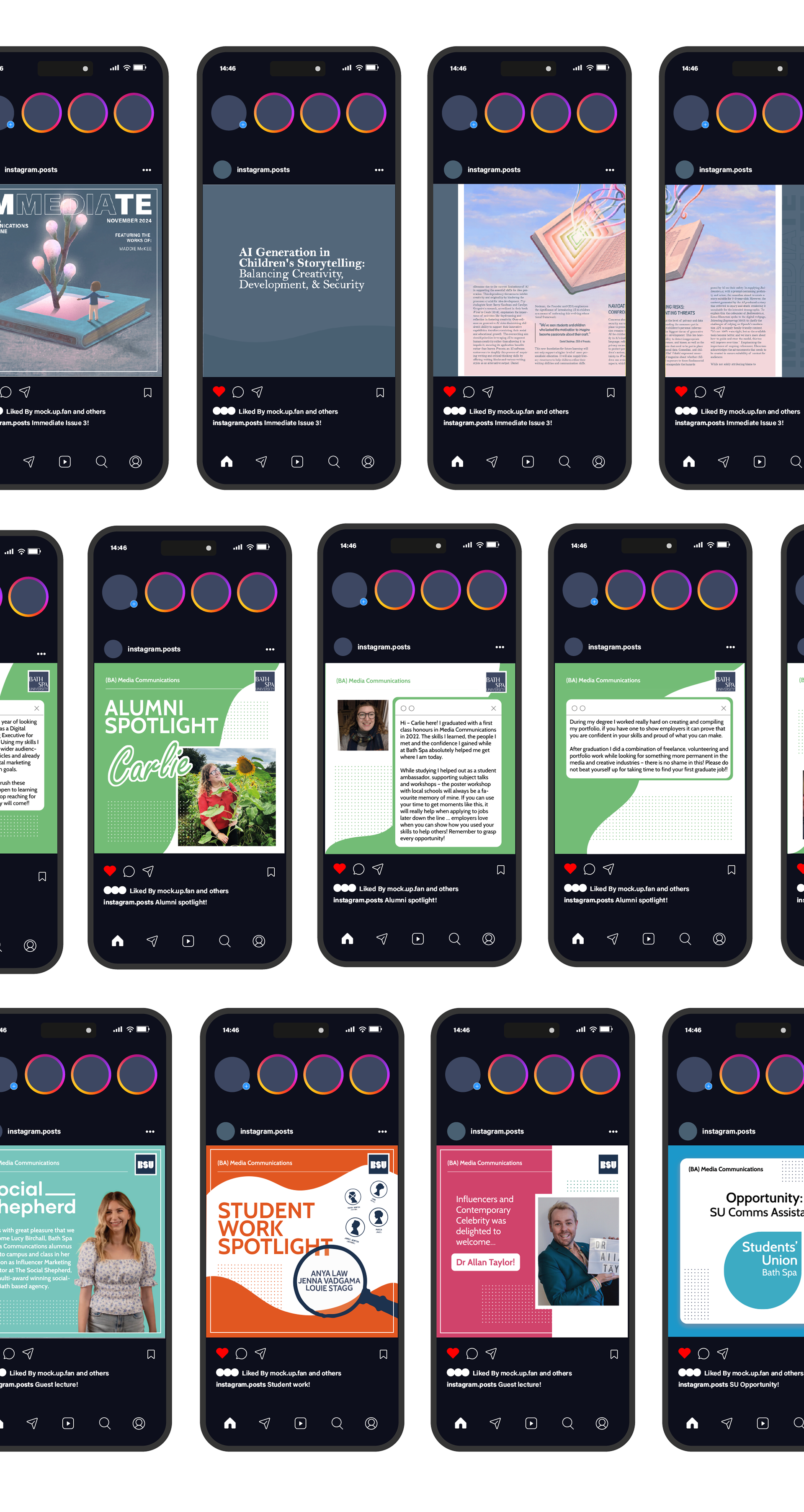 13 phones displaying Instagram posts across three lines.