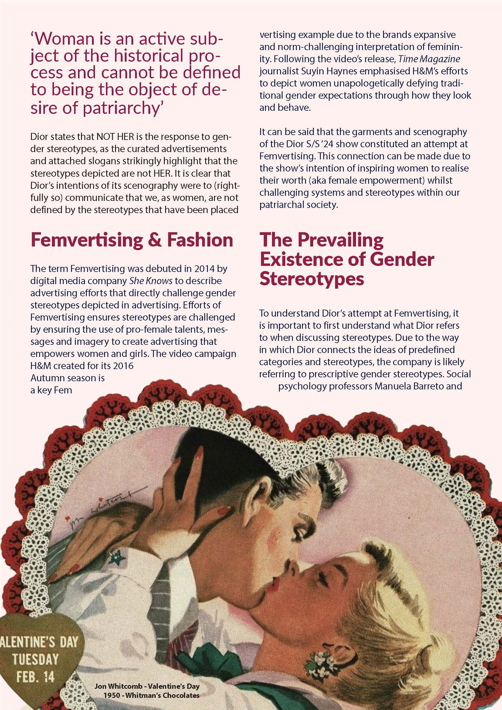 A magazine page with a pale pink background, illustration of a man and woman kissing in a heart shape and dark red and black text. The text discusses Dior's Femvertising.