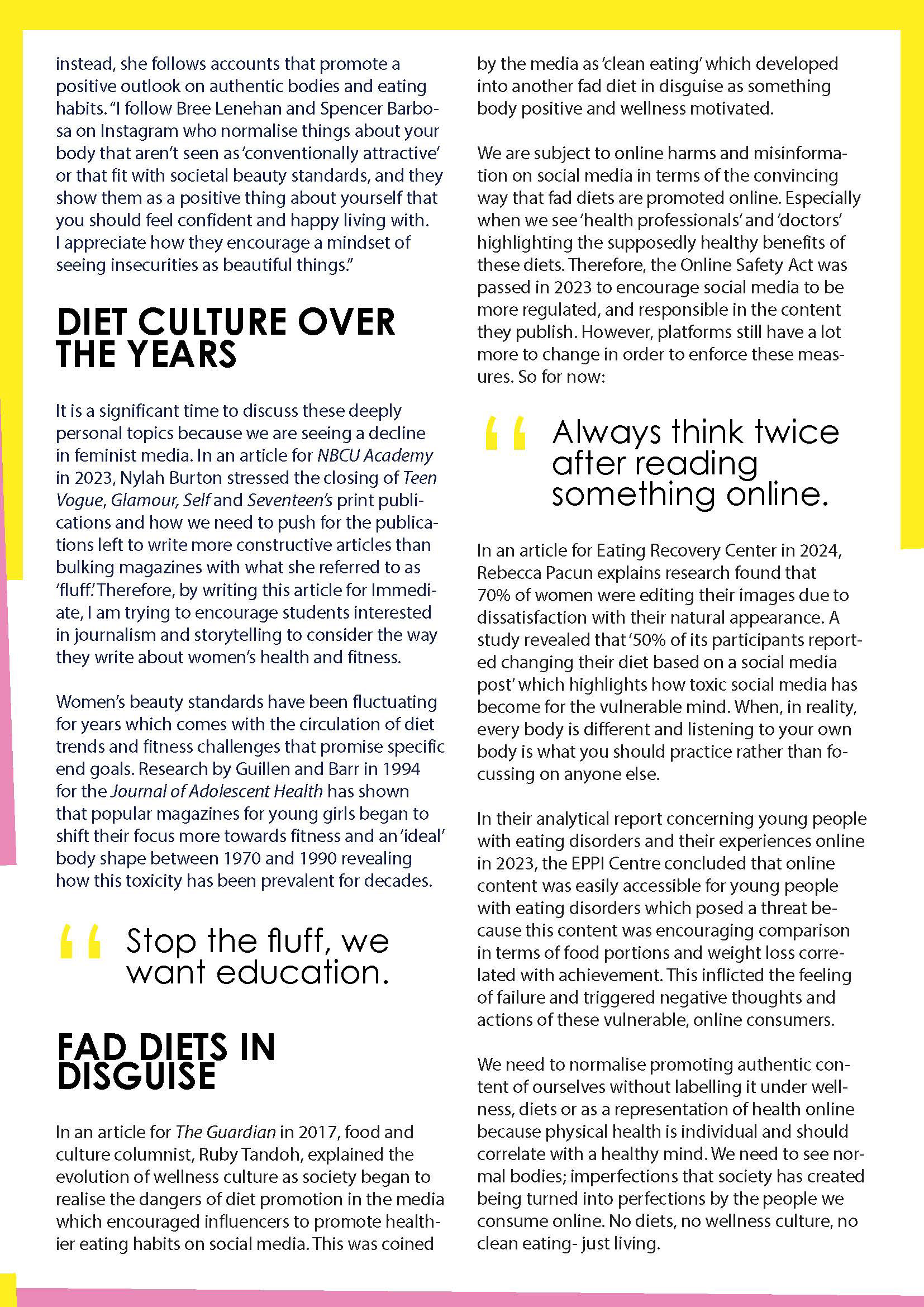 A second magazine page with a white, pink and yellow theme. The text discusses the dangers of Diet Culture.